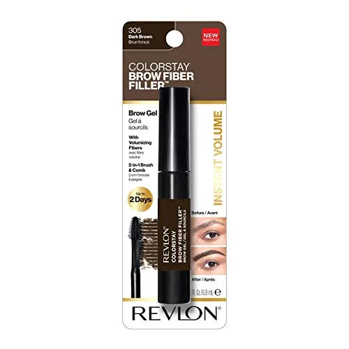 Revlon ColorStay Brow Fiber Filler, Longwearing & Volumizing Waterproof Eyebrow Gel, 305 Dark Brown, 0.23 fl. oz.
