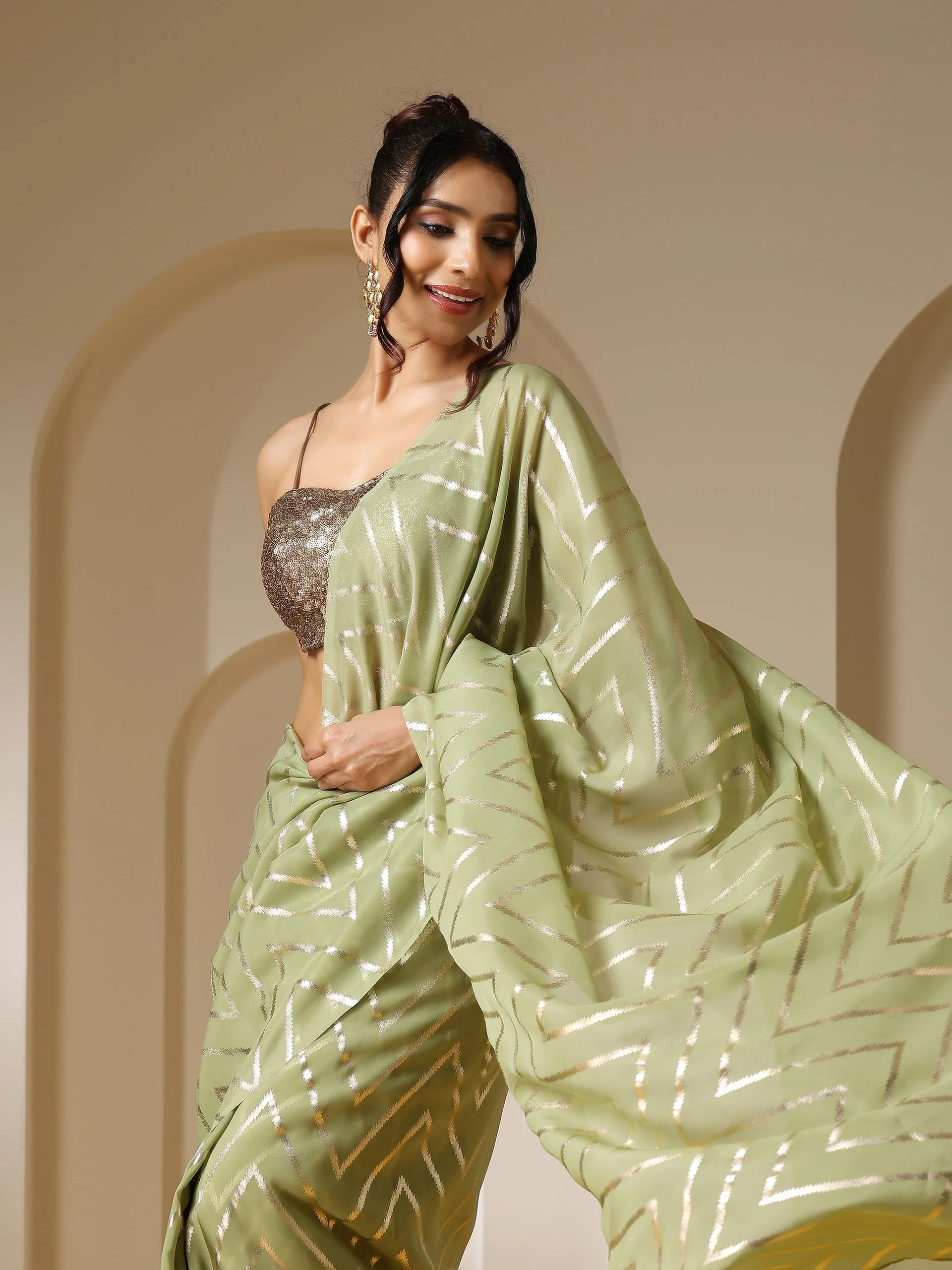 Ripple Mint Gold Print Organza Saree