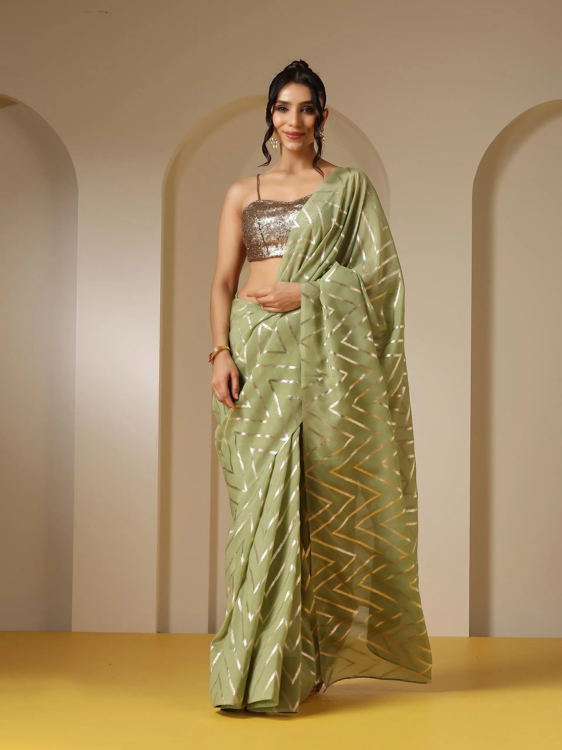 Ripple Mint Gold Print Organza Saree
