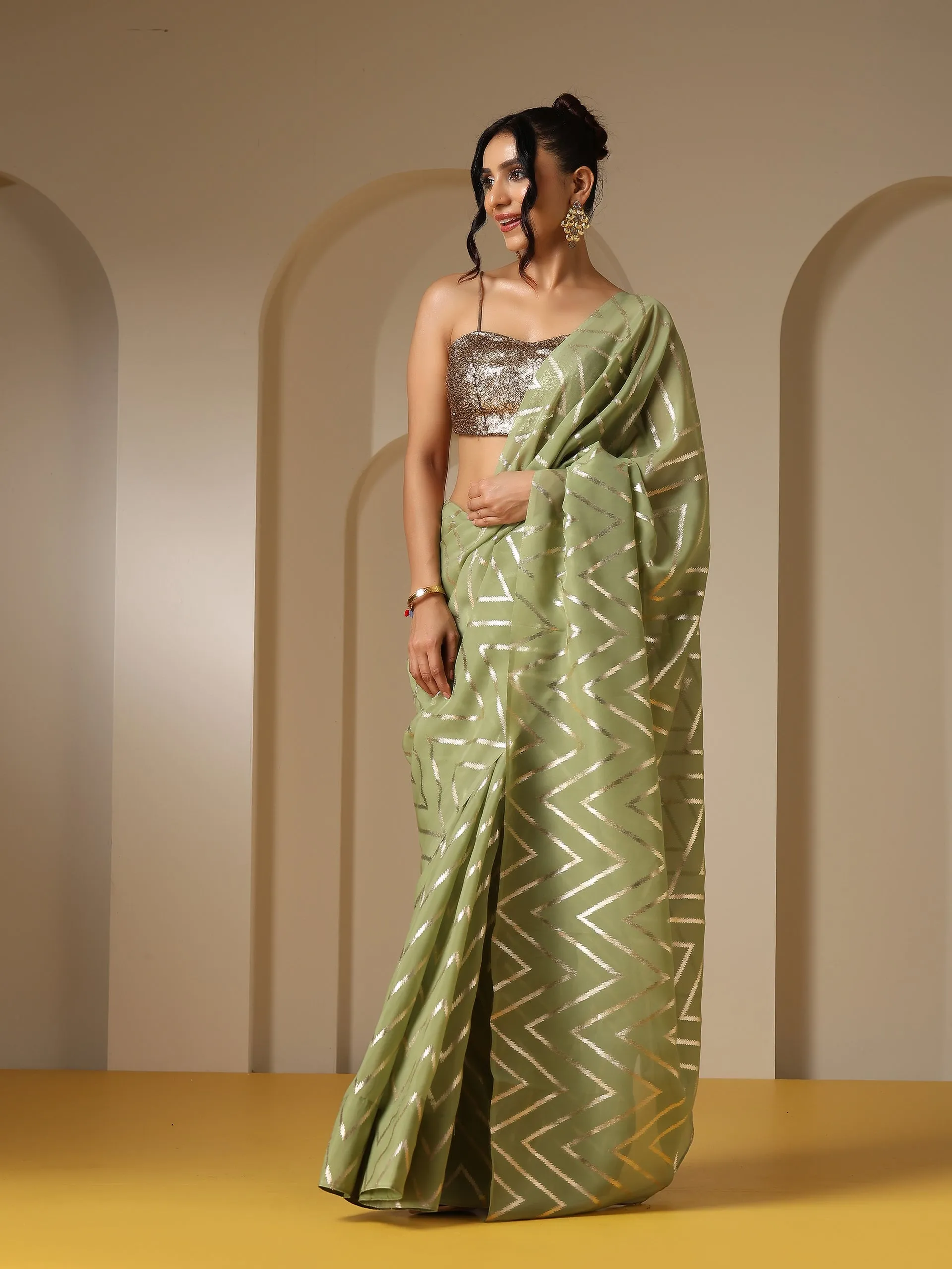 Ripple Mint Gold Print Organza Saree