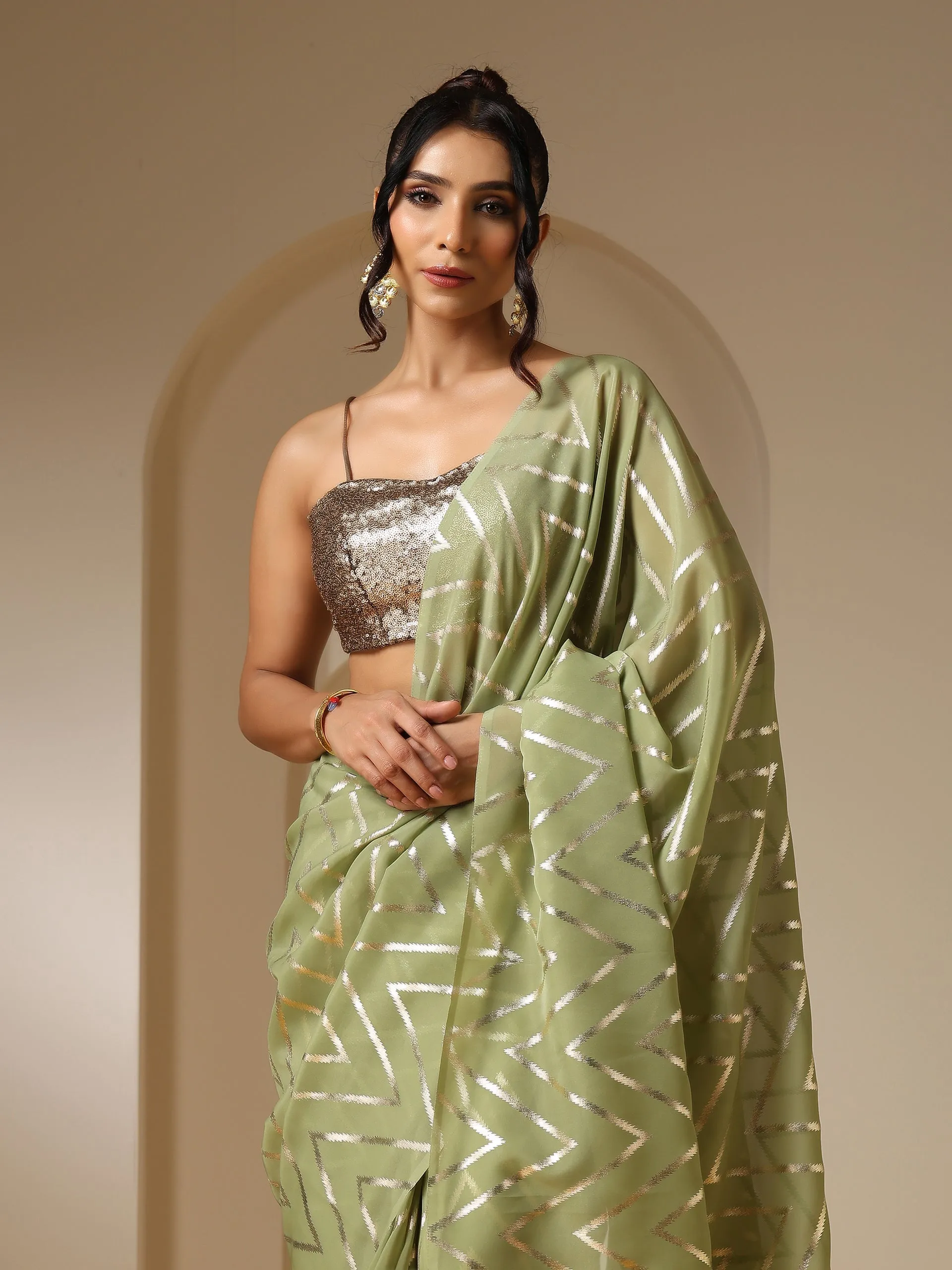 Ripple Mint Gold Print Organza Saree