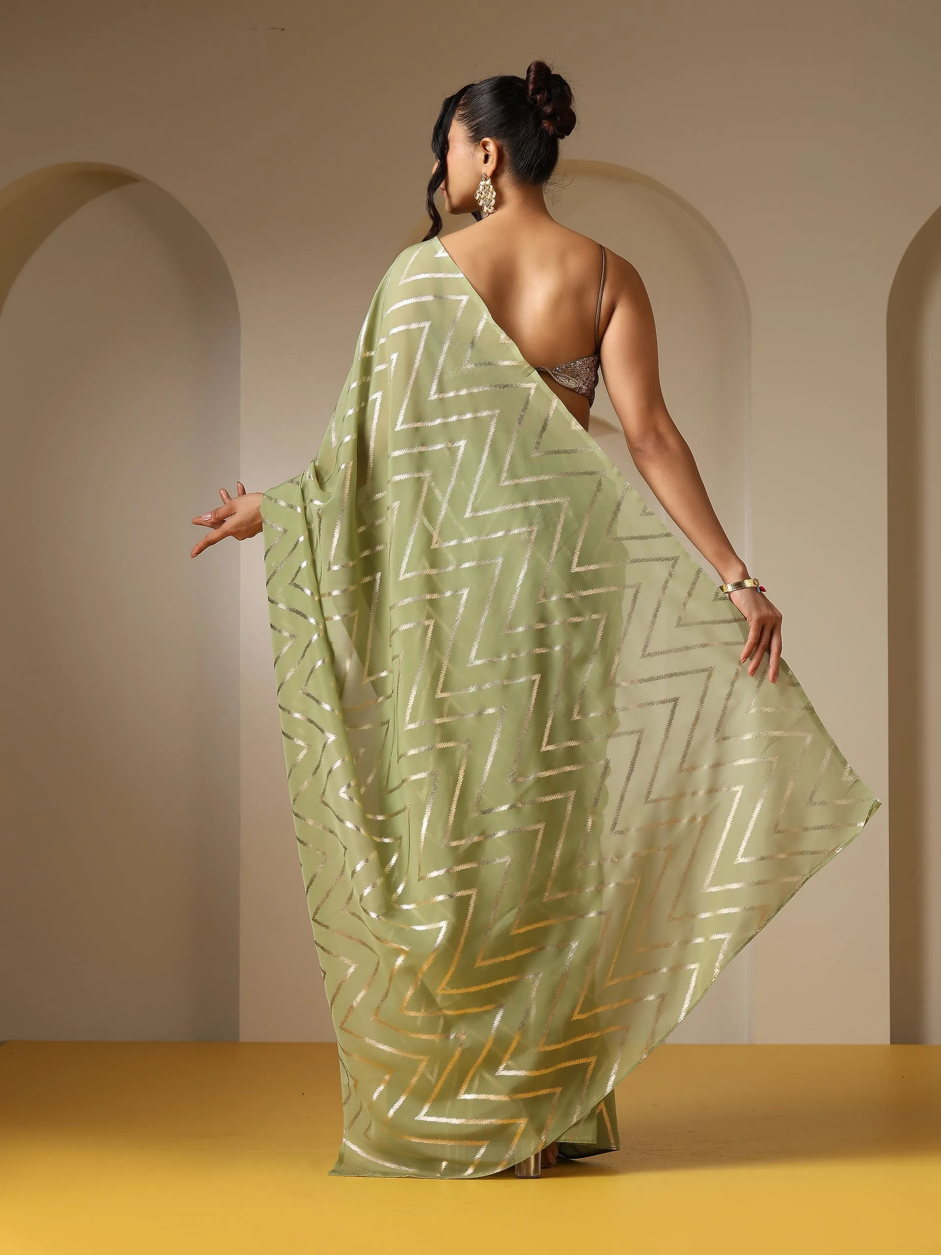 Ripple Mint Gold Print Organza Saree