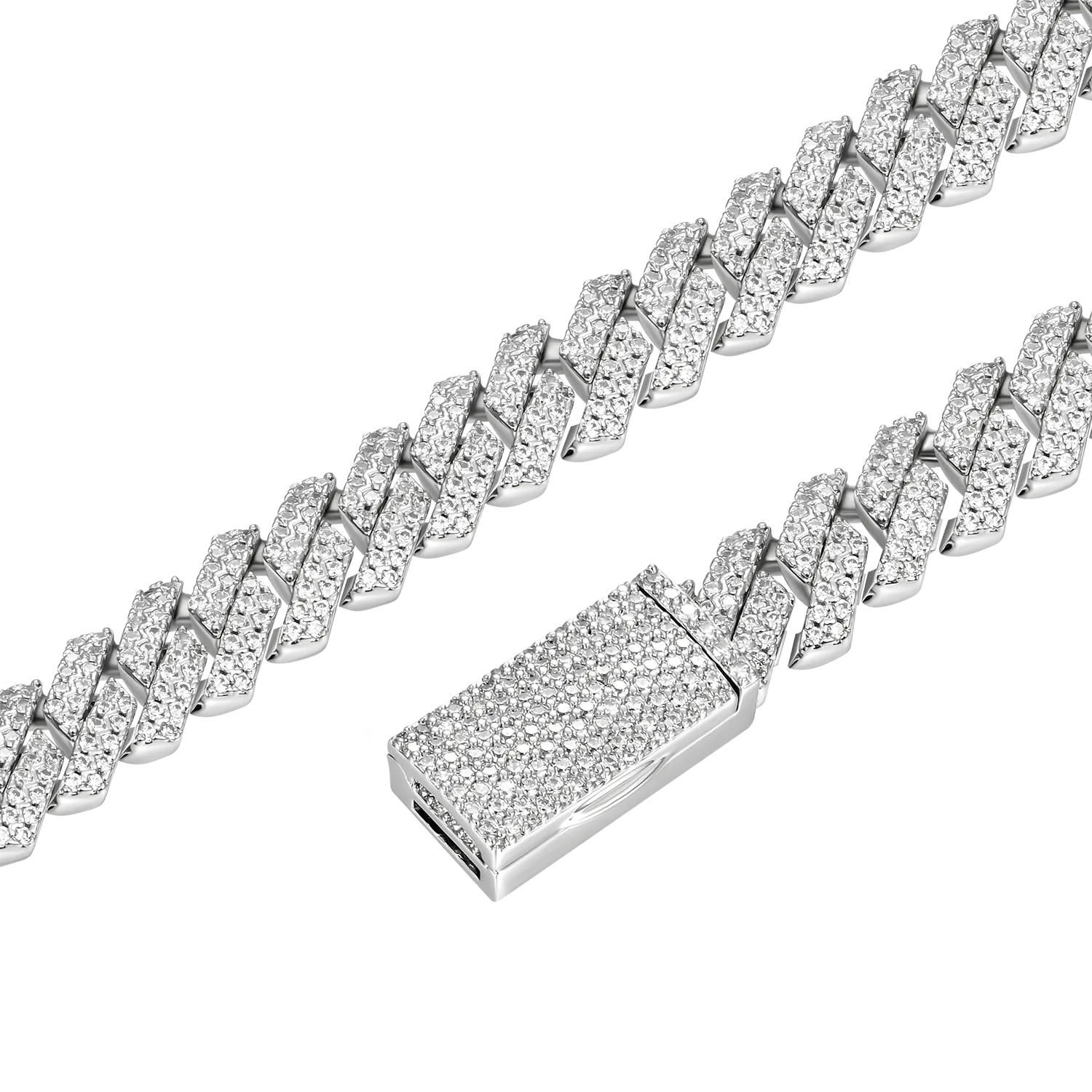Round Cut Prong Cuban Link Chain in White Gold - 10mm