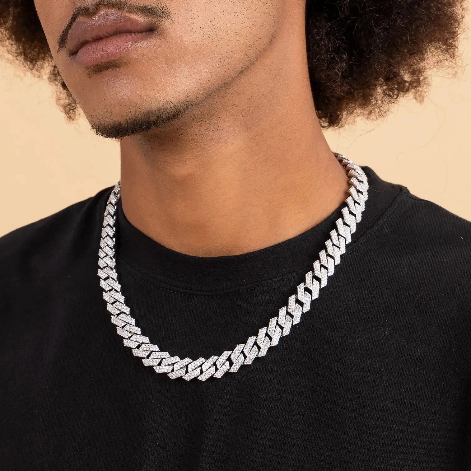 Round Cut Prong Cuban Link Chain in White Gold - 10mm