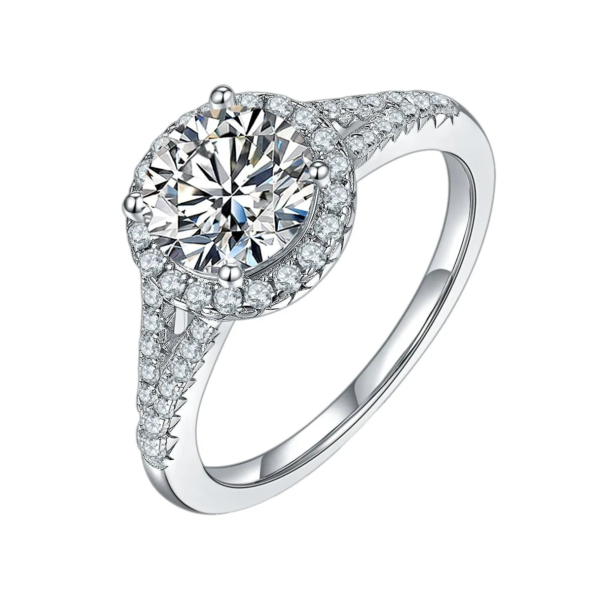 Round Split Shank Halo Diamond Engagement Ring