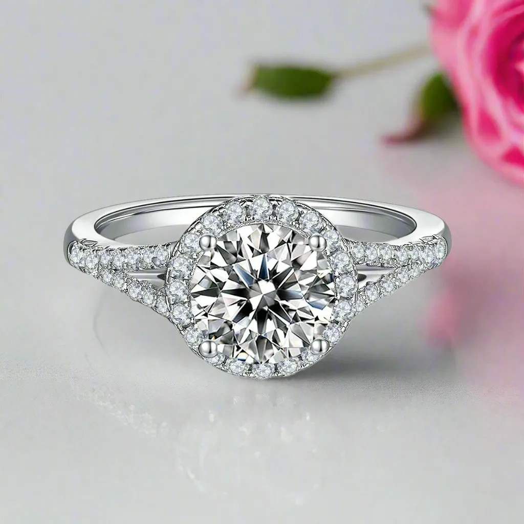 Round Split Shank Halo Diamond Engagement Ring