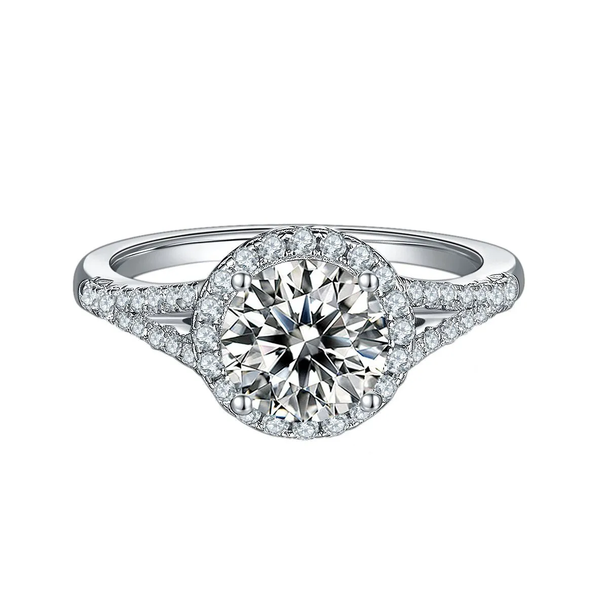 Round Split Shank Halo Diamond Engagement Ring