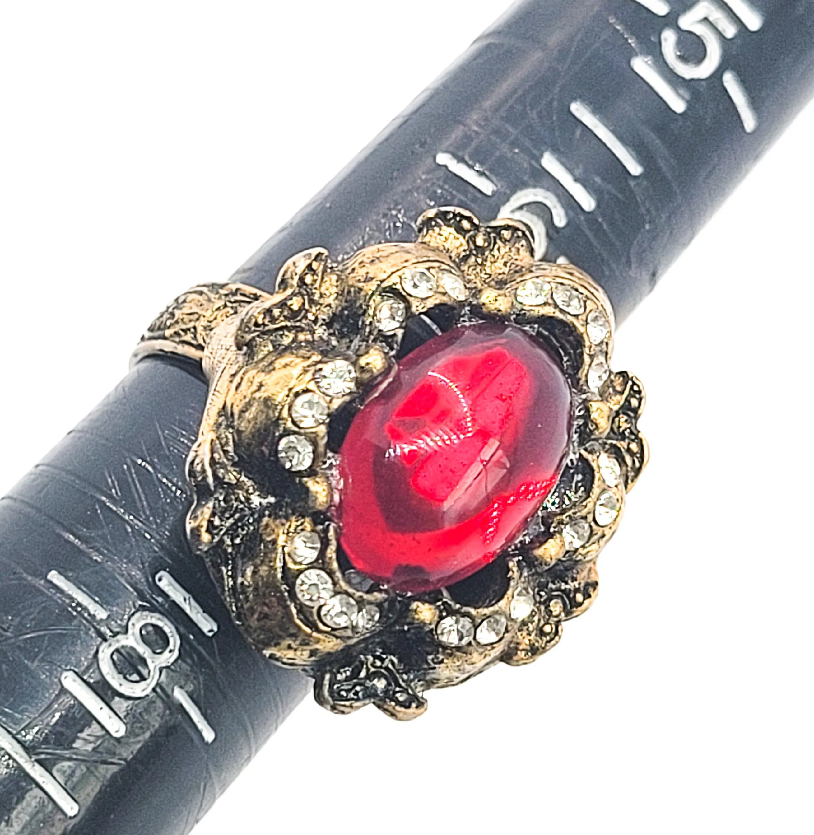 Ruby Red Jelly Belly rococo style clear rhinestone gold adjustable vintage ring