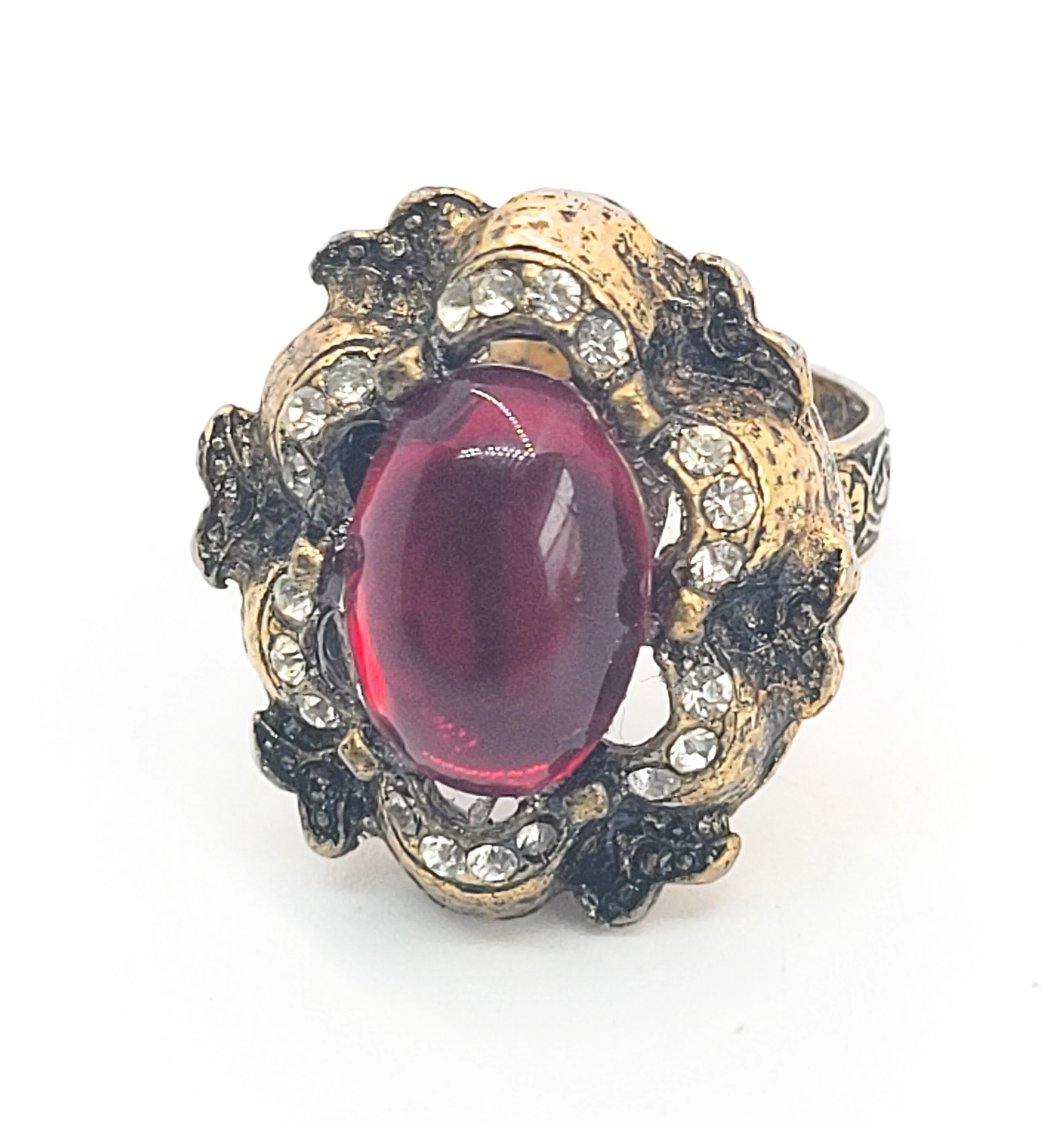 Ruby Red Jelly Belly rococo style clear rhinestone gold adjustable vintage ring