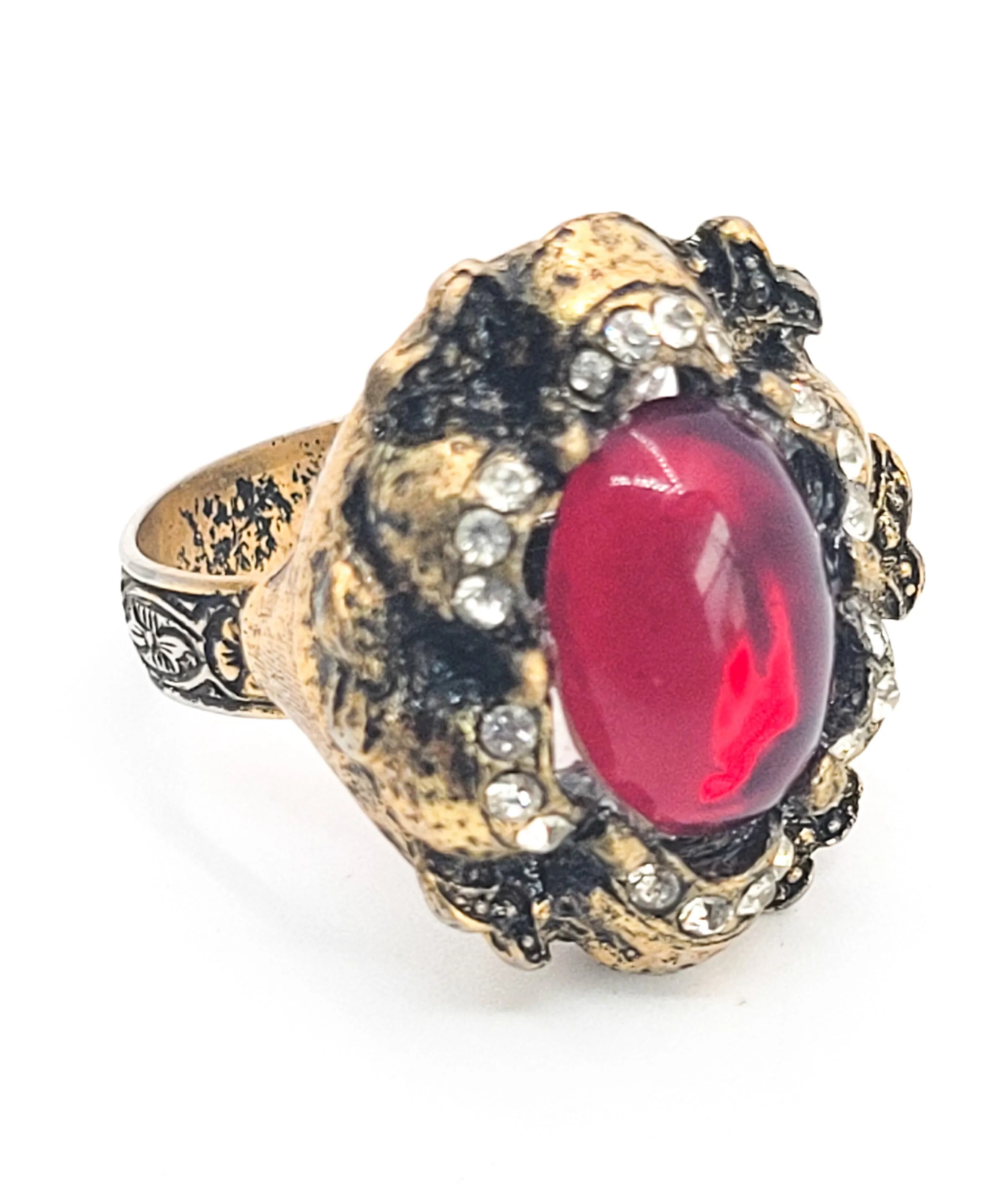 Ruby Red Jelly Belly rococo style clear rhinestone gold adjustable vintage ring
