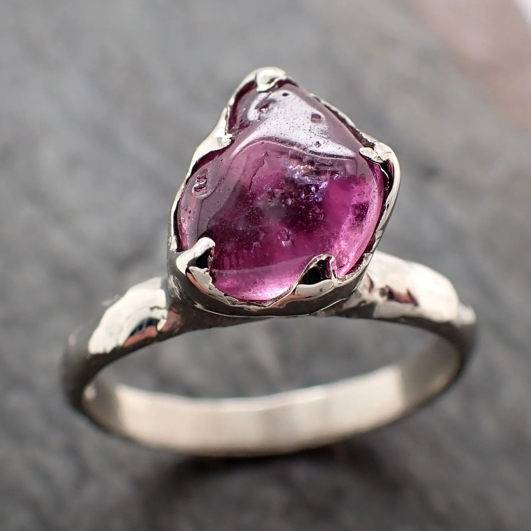 Sapphire hot pink tumbled 14k White gold Solitaire gemstone ring 2883