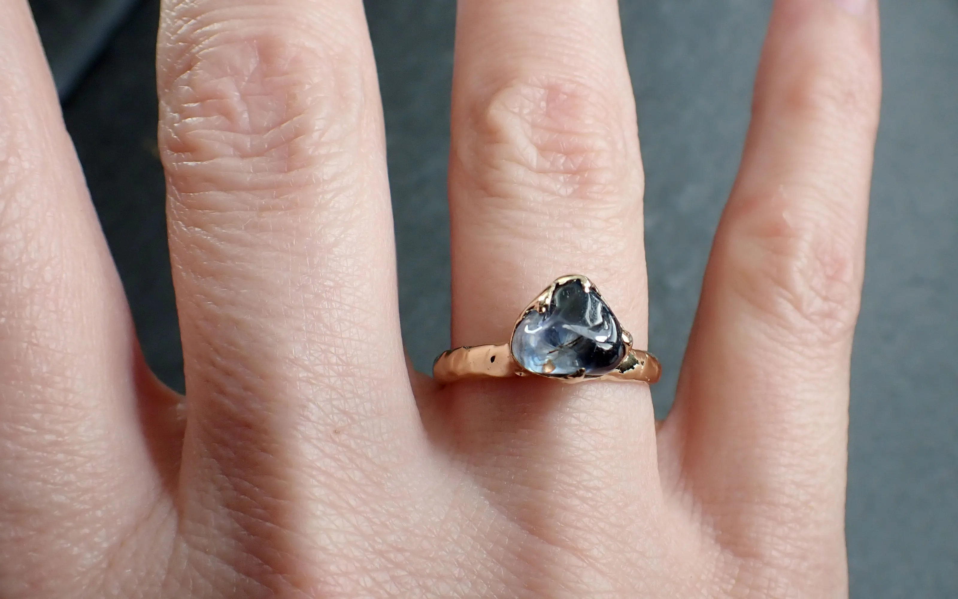 Sapphire tumbled yellow 14k gold Solitaire Blue tumbled gemstone ring 2839