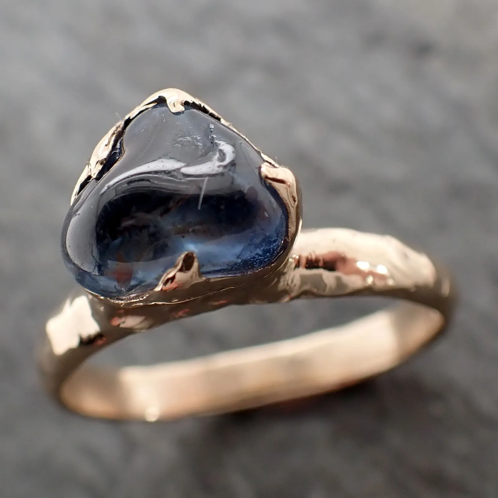 Sapphire tumbled yellow 14k gold Solitaire Blue tumbled gemstone ring 2839