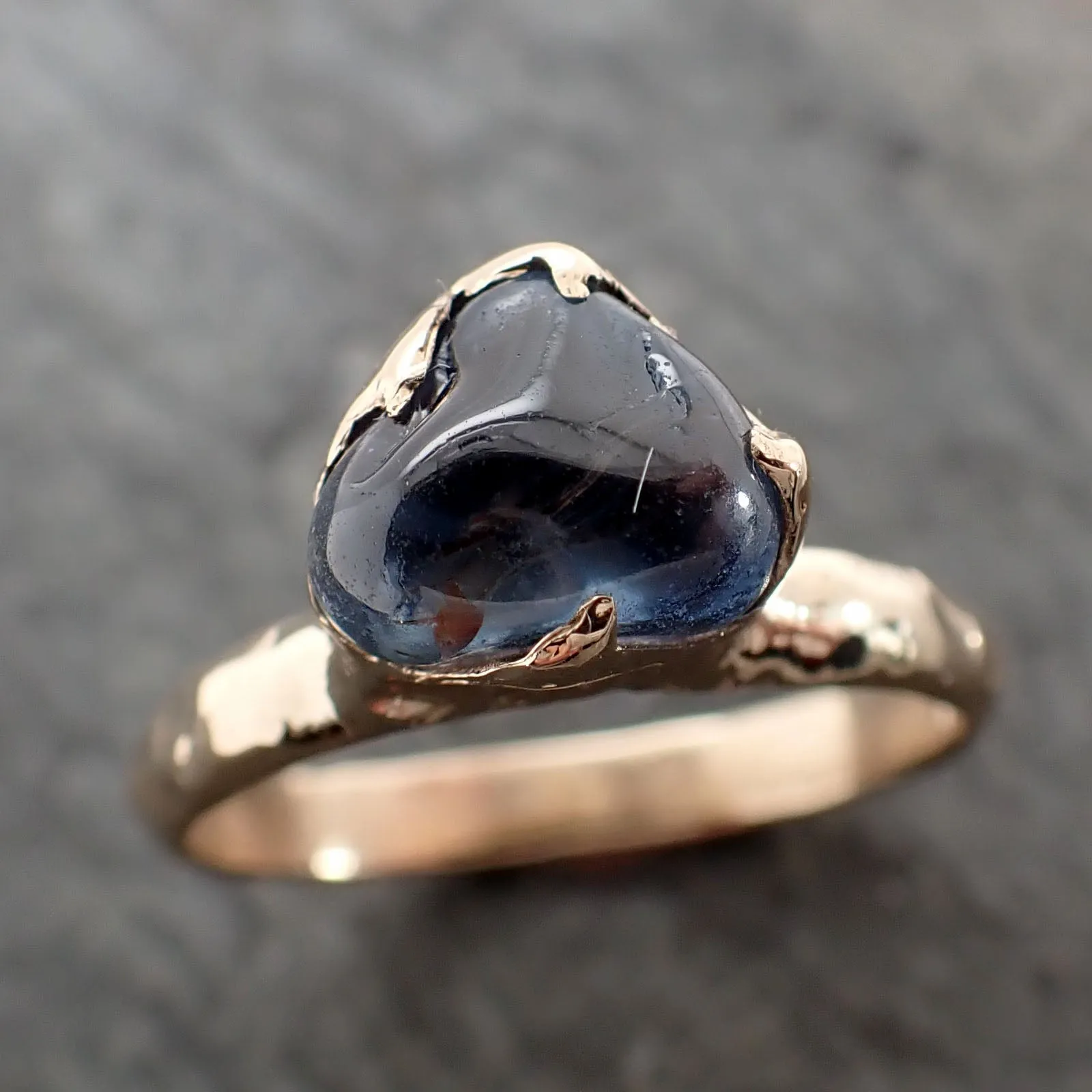 Sapphire tumbled yellow 14k gold Solitaire Blue tumbled gemstone ring 2839