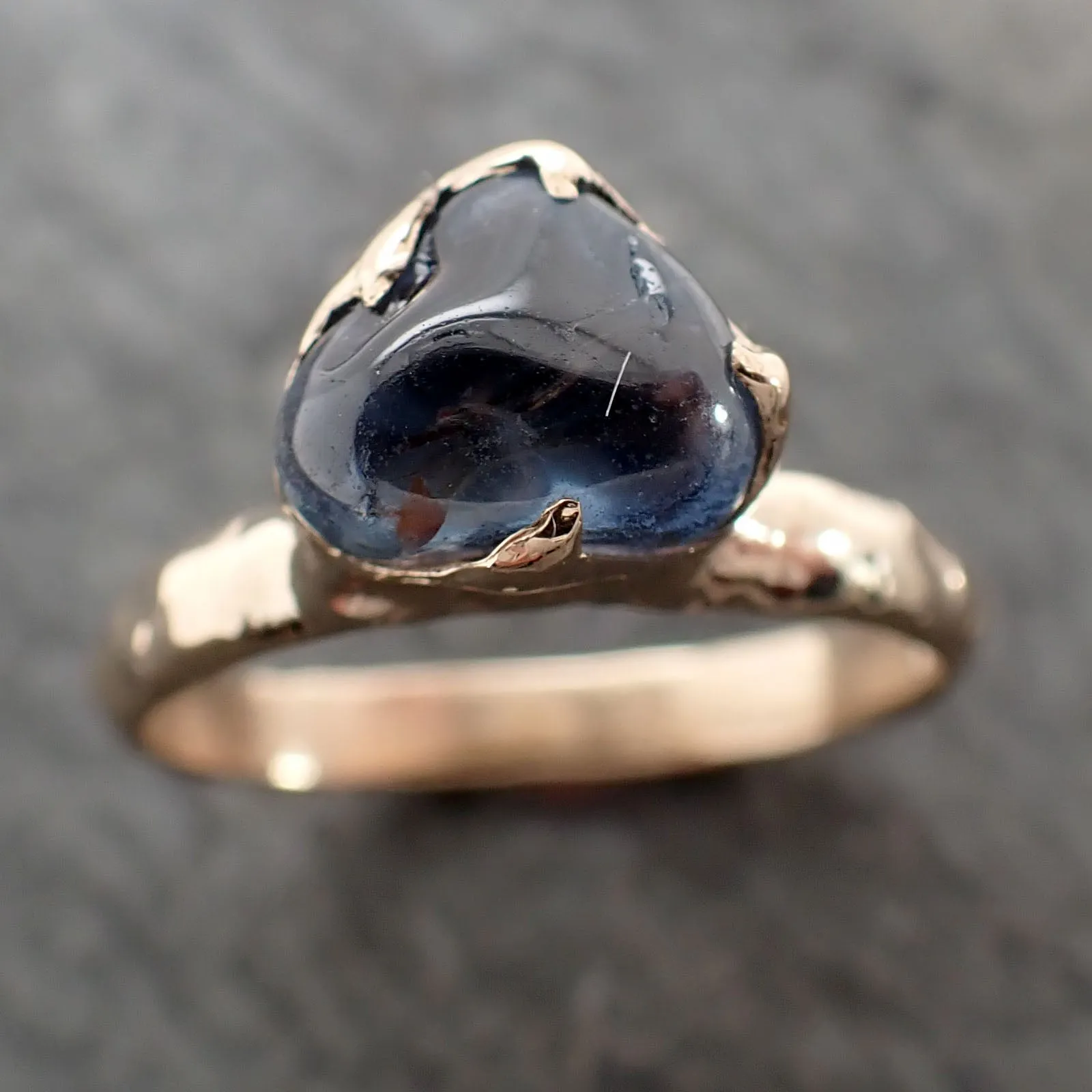 Sapphire tumbled yellow 14k gold Solitaire Blue tumbled gemstone ring 2839