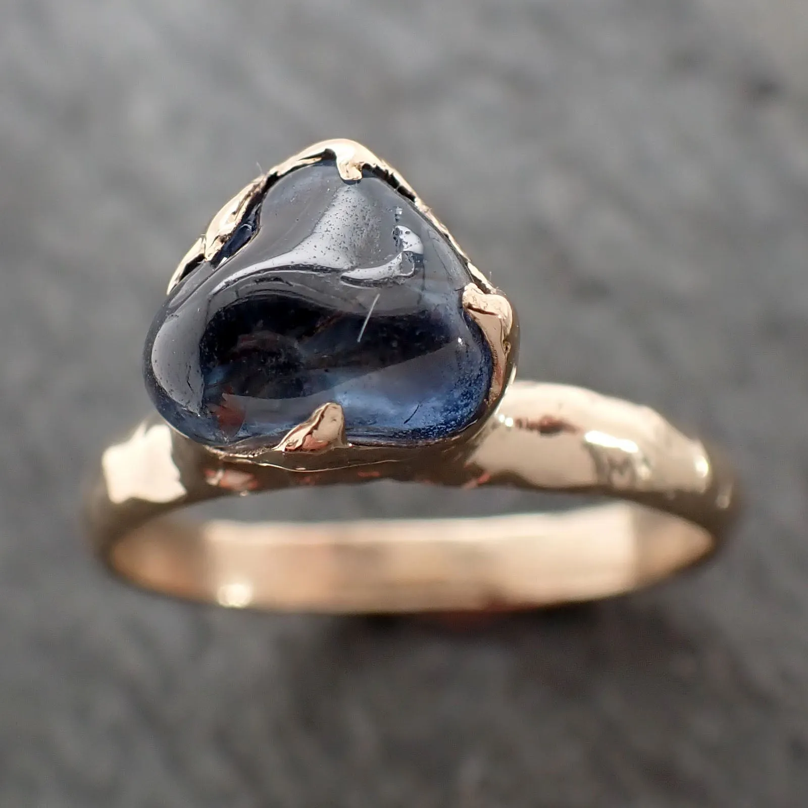 Sapphire tumbled yellow 14k gold Solitaire Blue tumbled gemstone ring 2839