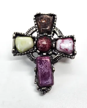 Scottish Celtic cross with multi colored gemstone panel vintage silver toned brooch pin