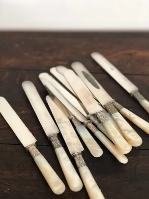 Set of 12 Antique Silver and Mother of Pearl Knives