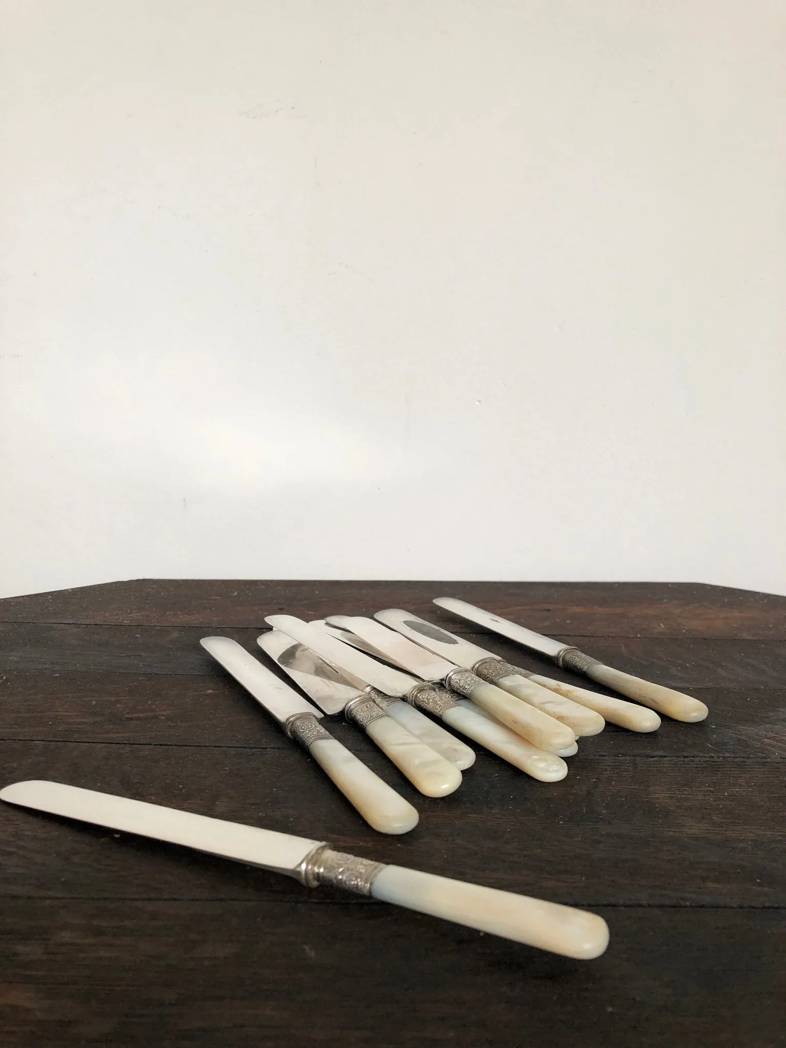 Set of 12 Antique Silver and Mother of Pearl Knives