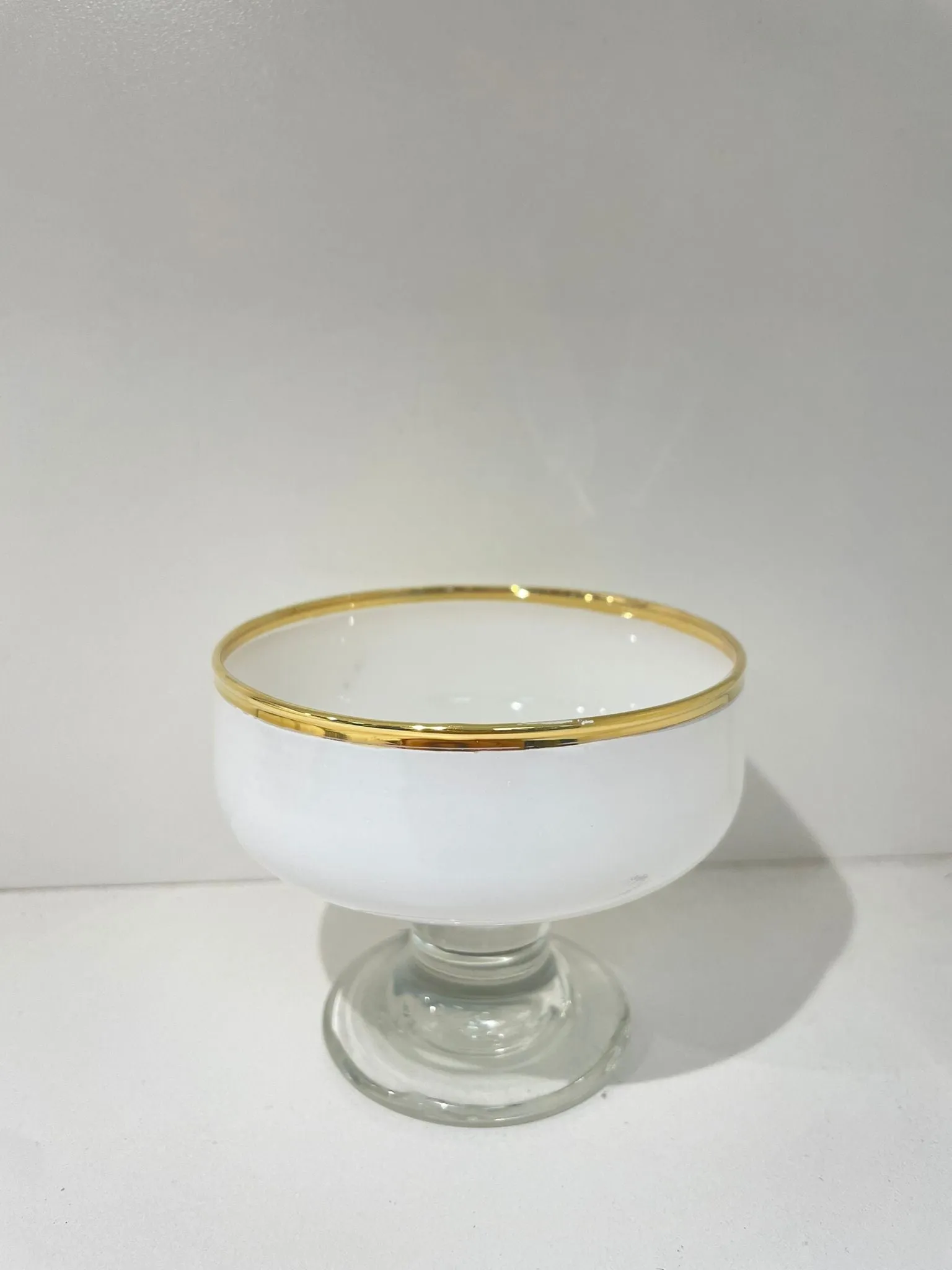 Set of 6 White Dessert Cups with Clear Stem and Gold Rim