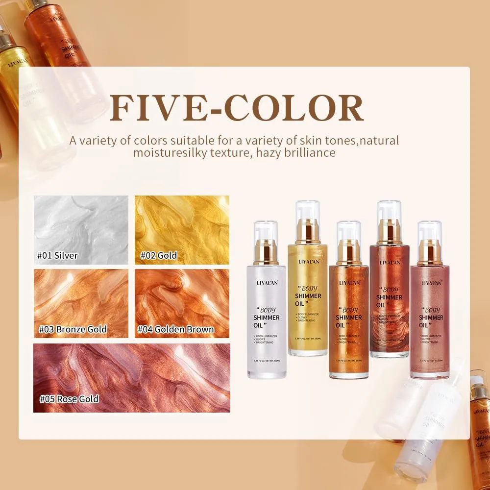 Shimmer Body Oil Bronze Gold 5 Color Bronze 3.38 Fl Oz Face Glow Pearl Highlighter Illuminator Body Makeup Shine Glitter Gold Liquid Taning