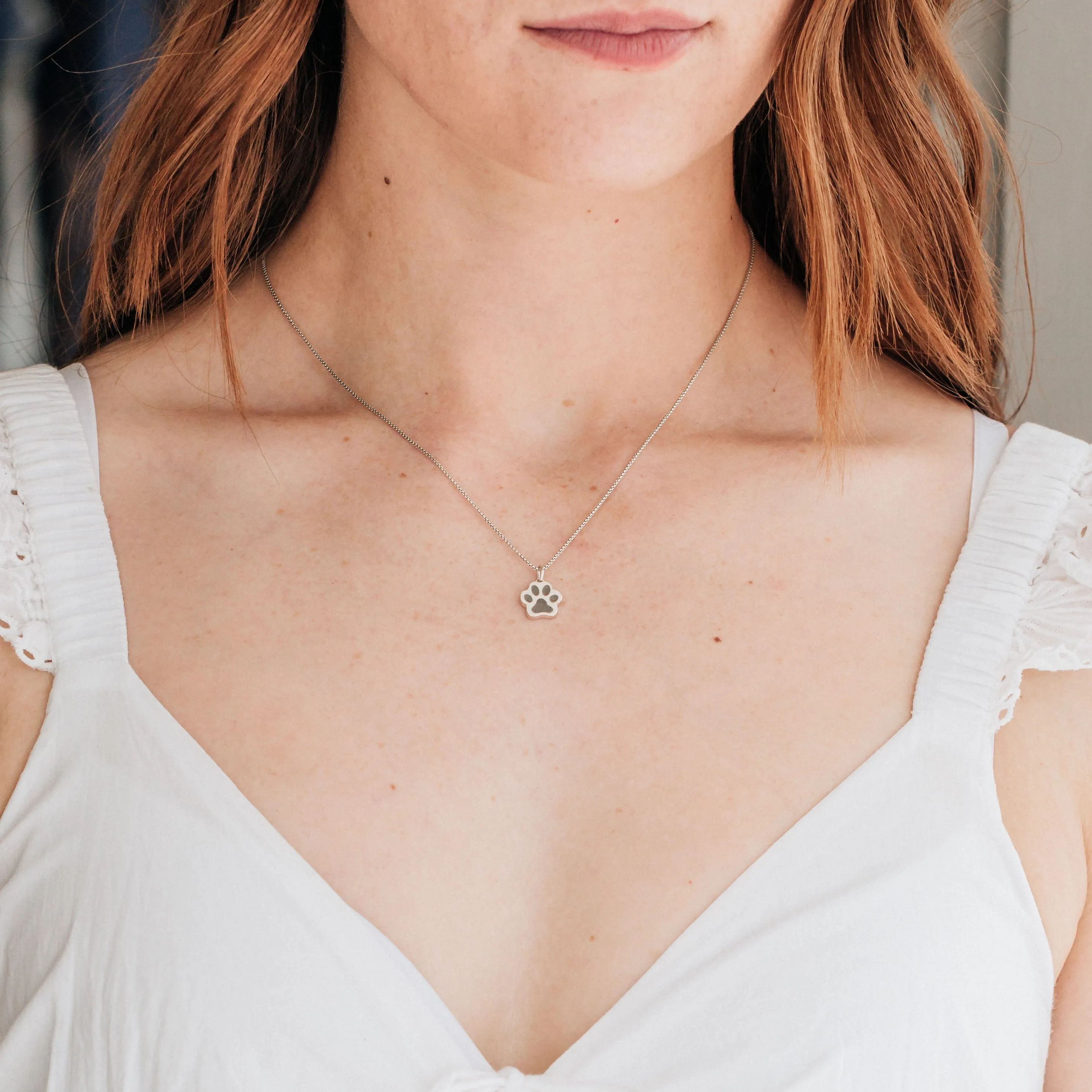 Small Paw Print Cremation Necklace in 14K White Gold