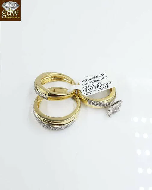 Solid 10k Yellow Gold Diamonds His Hers Men Women Wedding Ring Band Trio - Set