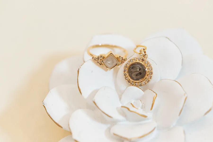 Square Setting Diamond Cluster Cremation Ring in 14K Yellow Gold