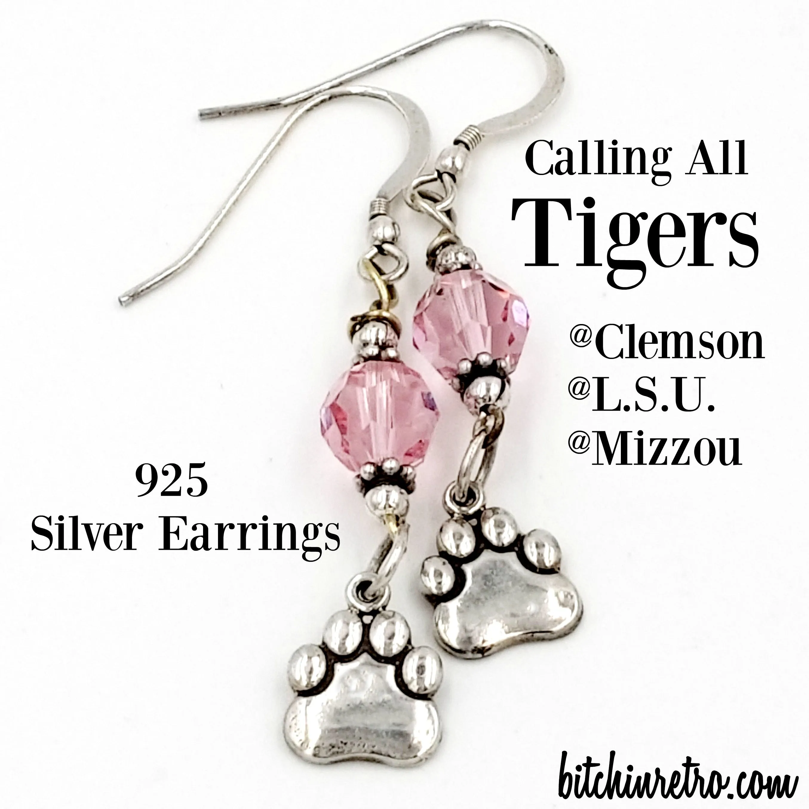 Sterling Silver Tiger Paw Print Earrings - LSU Clemson or Mizzou Team Spirit