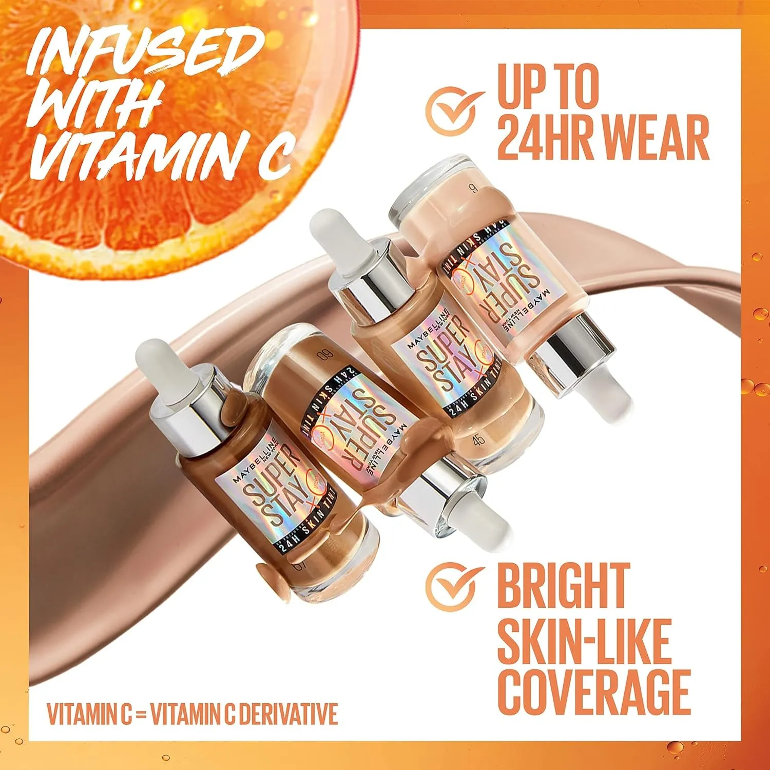 Super Stay up to 24HR Skin Tint, Radiant Light-To-Medium Coverage Foundation, Makeup Infused with Vitamin C, 120, 1 Count