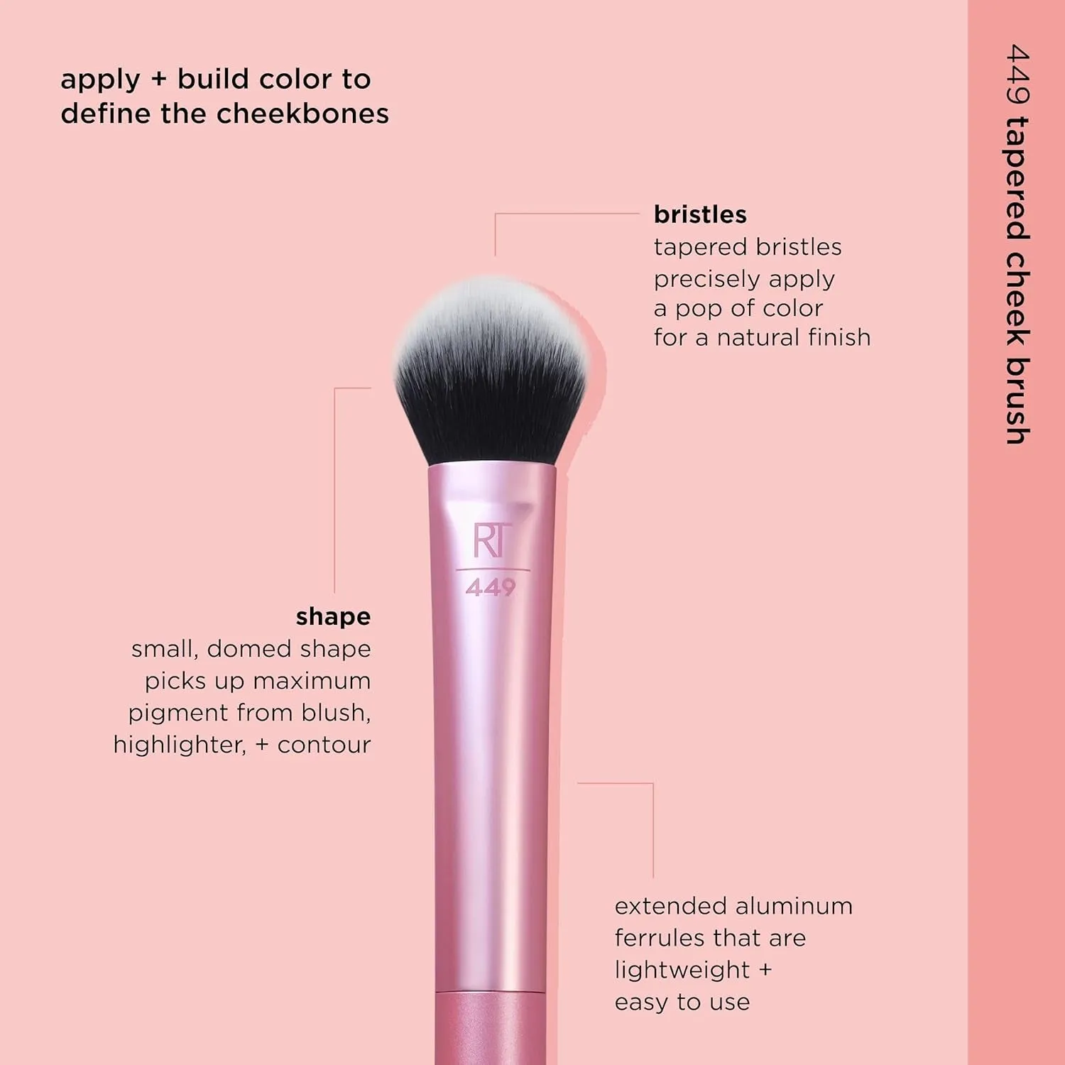 Tapered Cheek Makeup Brush, for Blush, Highlighter, Loose, or Pressed Powder, Blush Brush with Synthetic Bristles, Precise Makeup Application, Aluminum Handle, Cruelty Free, 1 Count