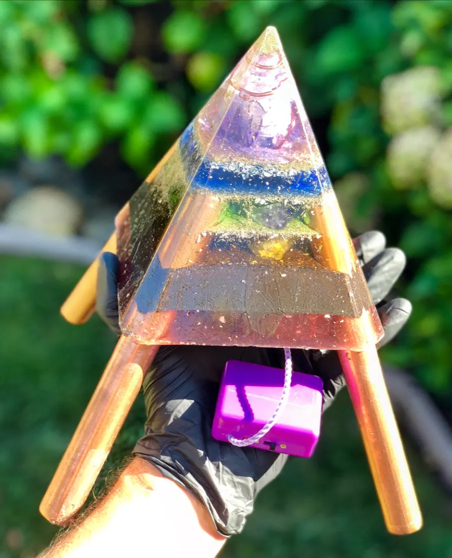The "Nubian Chakra Equalizer Mini-Chembuster" - 6 lbs, 8 Sided Radionics Orgone Pyramid w/ Tensor Ring & Earth Pipes for grounding
