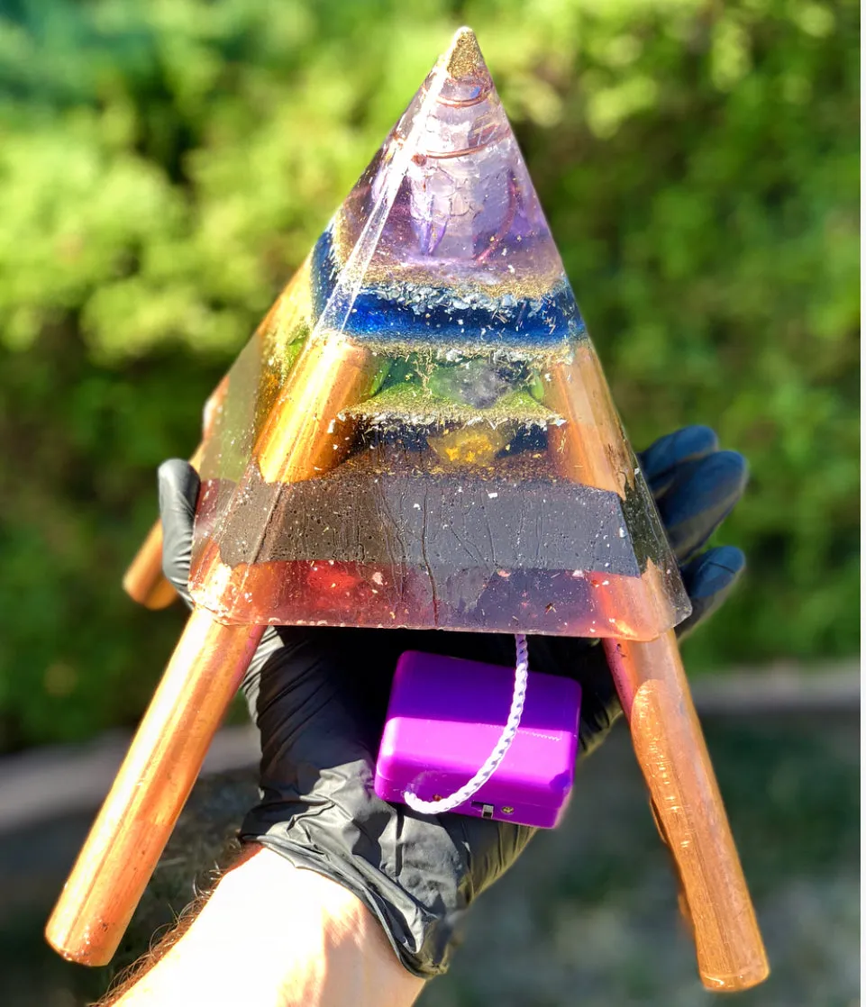 The "Nubian Chakra Equalizer Mini-Chembuster" - 6 lbs, 8 Sided Radionics Orgone Pyramid w/ Tensor Ring & Earth Pipes for grounding