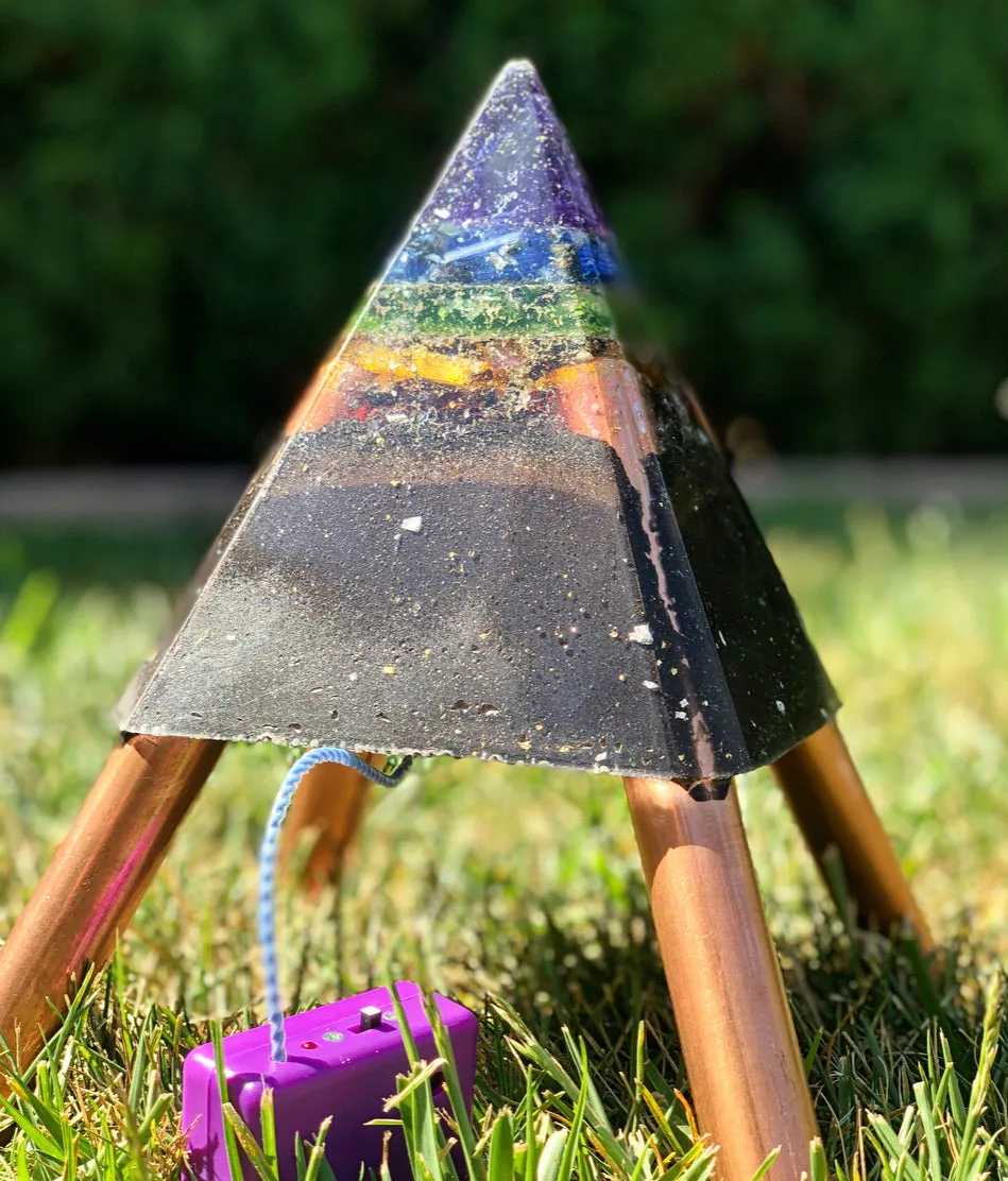 The "Nubian Chakra Equalizer Mini-Chembuster" - 6 lbs, 8 Sided Radionics Orgone Pyramid w/ Tensor Ring & Earth Pipes for grounding