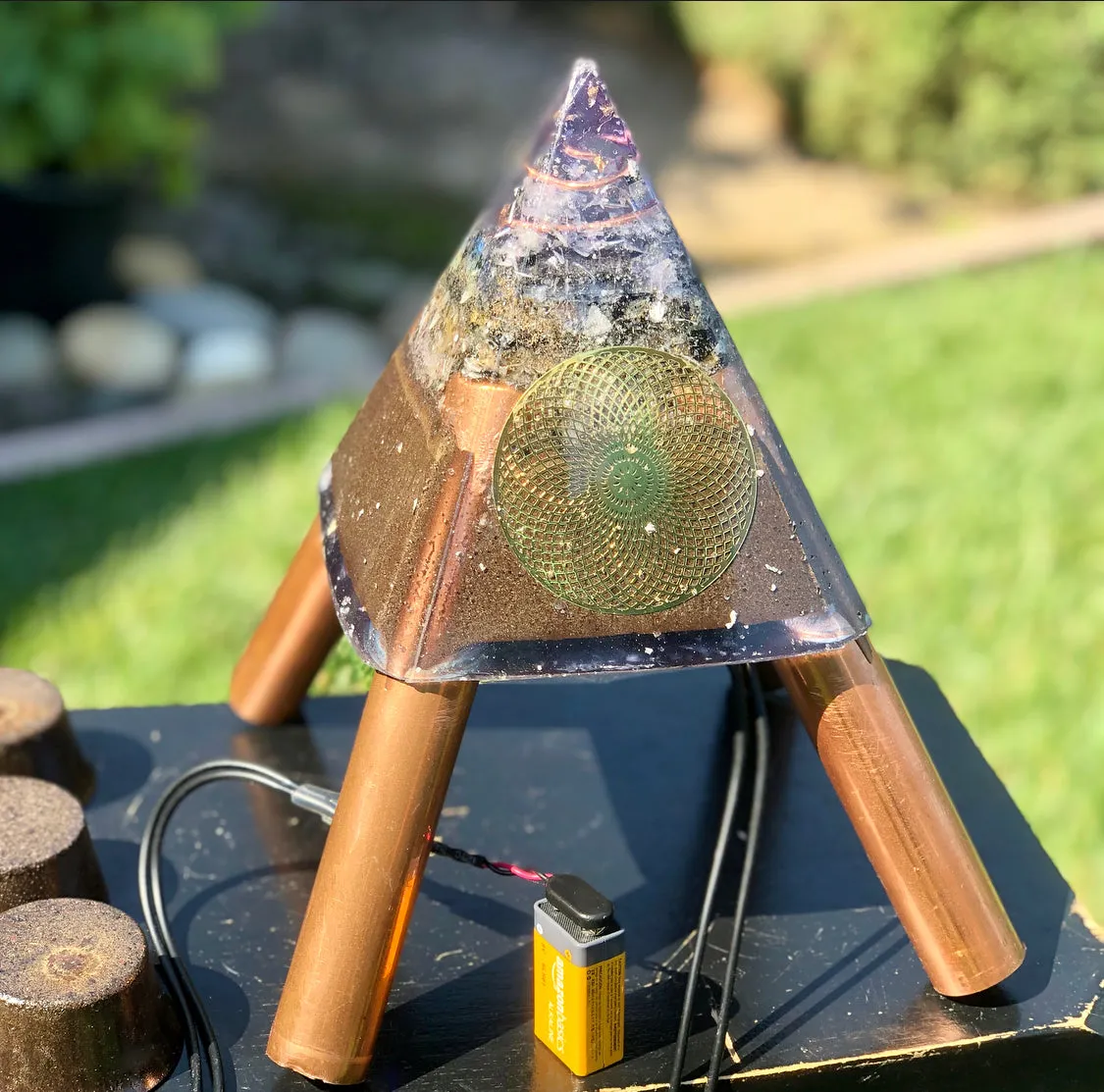 The "Nubian Chakra Equalizer Mini-Chembuster" - 6 lbs, 8 Sided Radionics Orgone Pyramid w/ Tensor Ring & Earth Pipes for grounding
