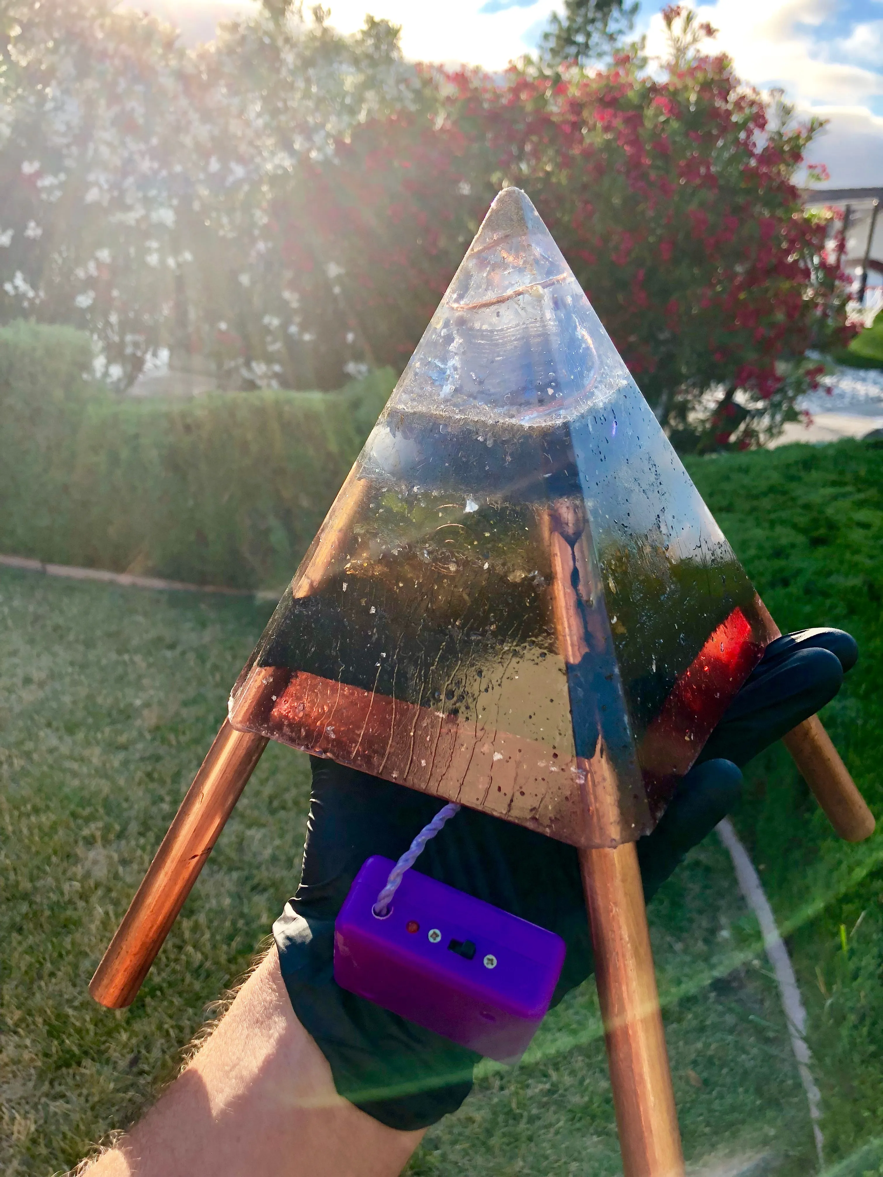 The "Nubian Chakra Equalizer Mini-Chembuster" - 6 lbs, 8 Sided Radionics Orgone Pyramid w/ Tensor Ring & Earth Pipes for grounding