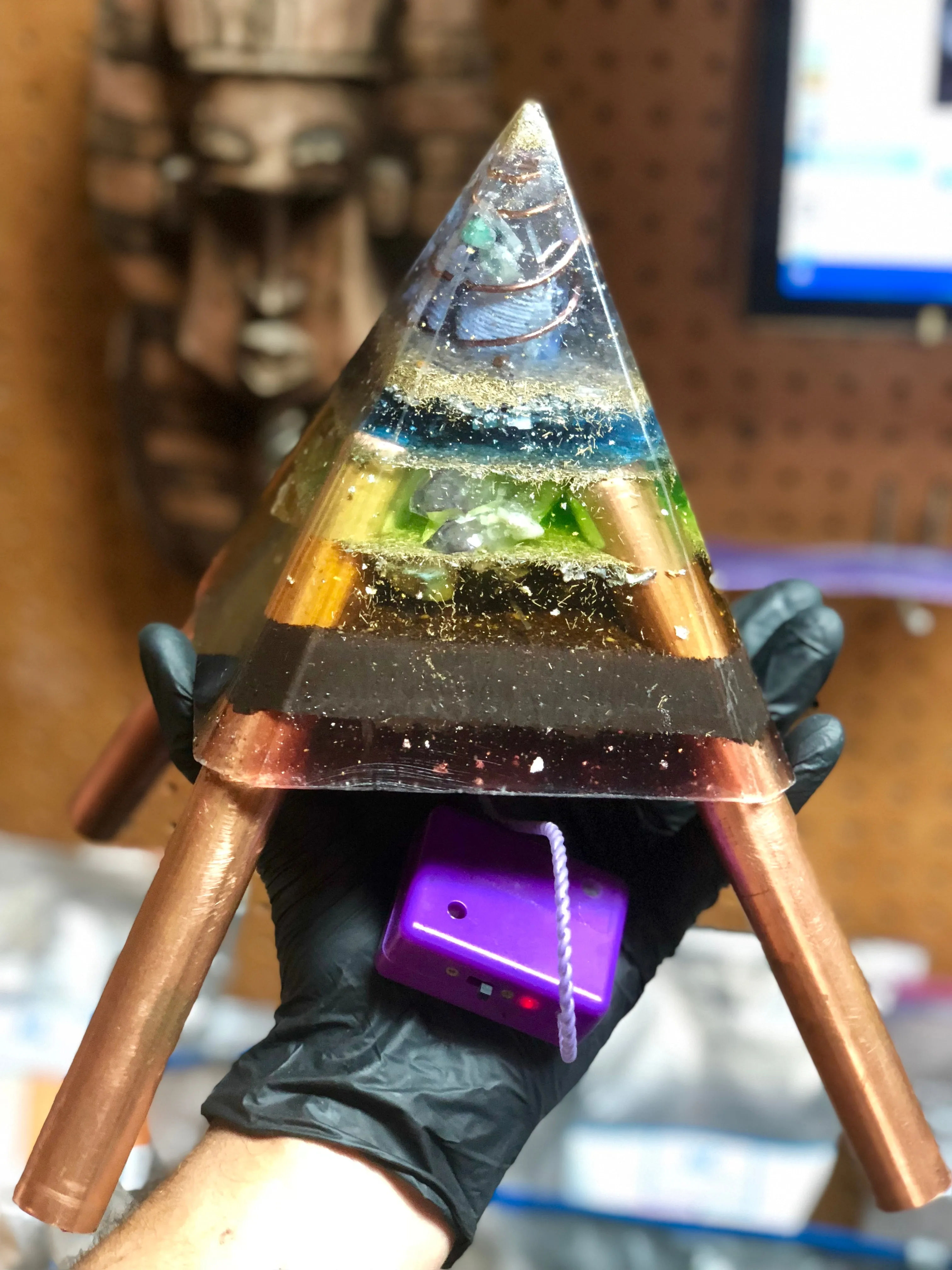 The "Nubian Chakra Equalizer Mini-Chembuster" - 6 lbs, 8 Sided Radionics Orgone Pyramid w/ Tensor Ring & Earth Pipes for grounding
