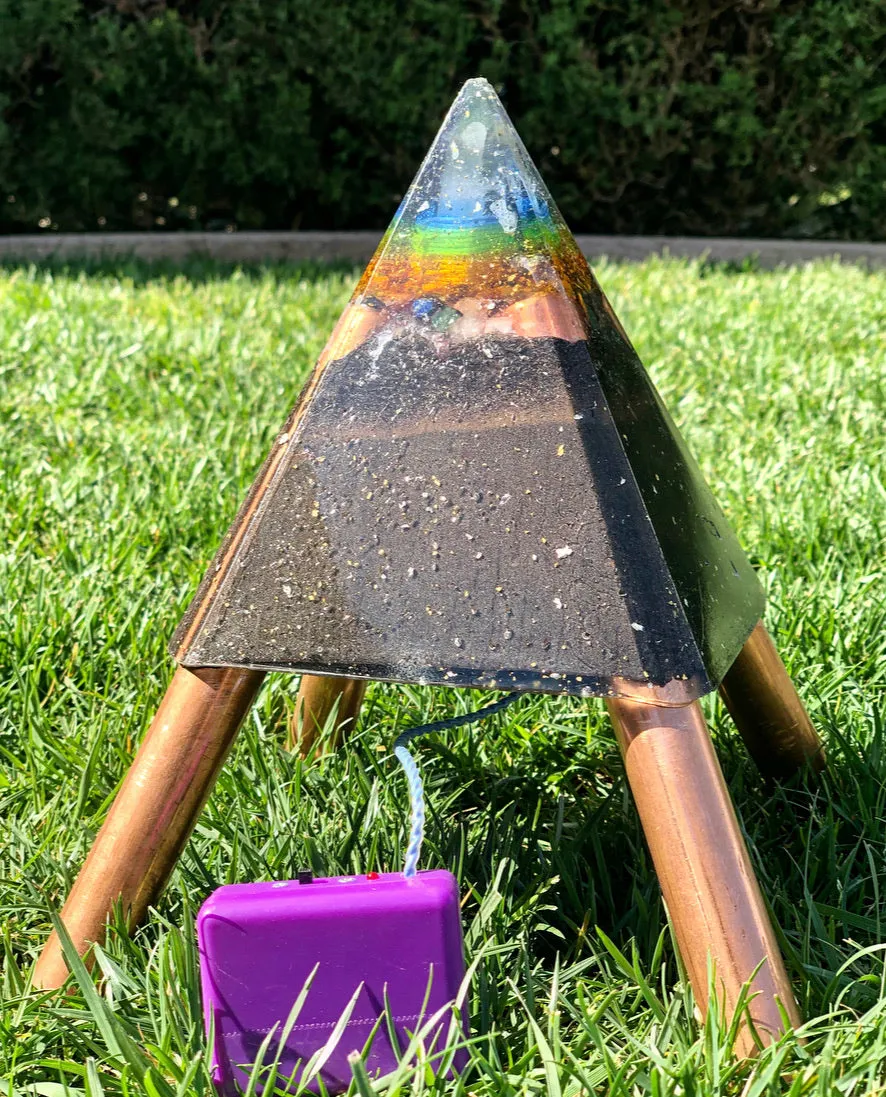The "Nubian Chakra Equalizer Mini-Chembuster" - 6 lbs, 8 Sided Radionics Orgone Pyramid w/ Tensor Ring & Earth Pipes for grounding