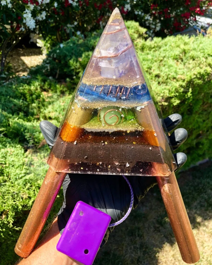 The "Nubian Chakra Equalizer Mini-Chembuster" - 6 lbs, 8 Sided Radionics Orgone Pyramid w/ Tensor Ring & Earth Pipes for grounding