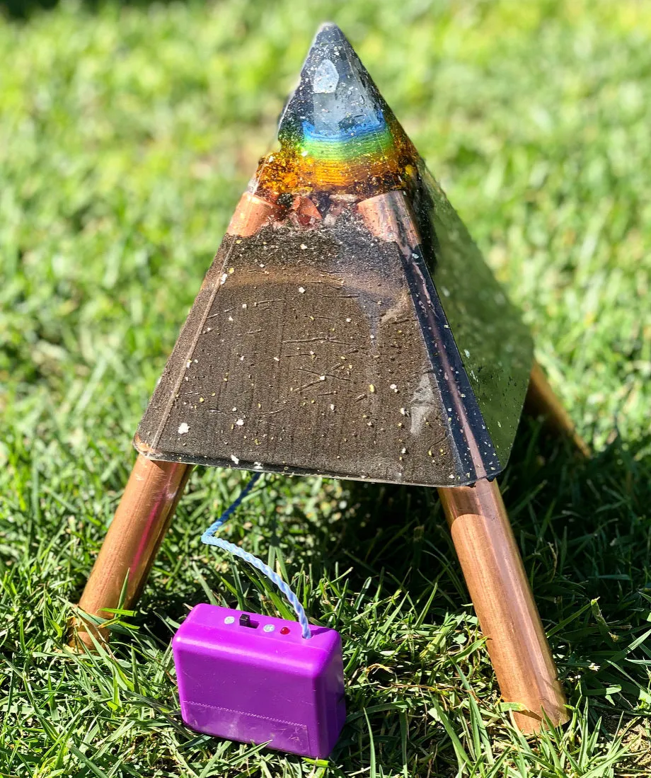 The "Nubian Chakra Equalizer Mini-Chembuster" - 6 lbs, 8 Sided Radionics Orgone Pyramid w/ Tensor Ring & Earth Pipes for grounding