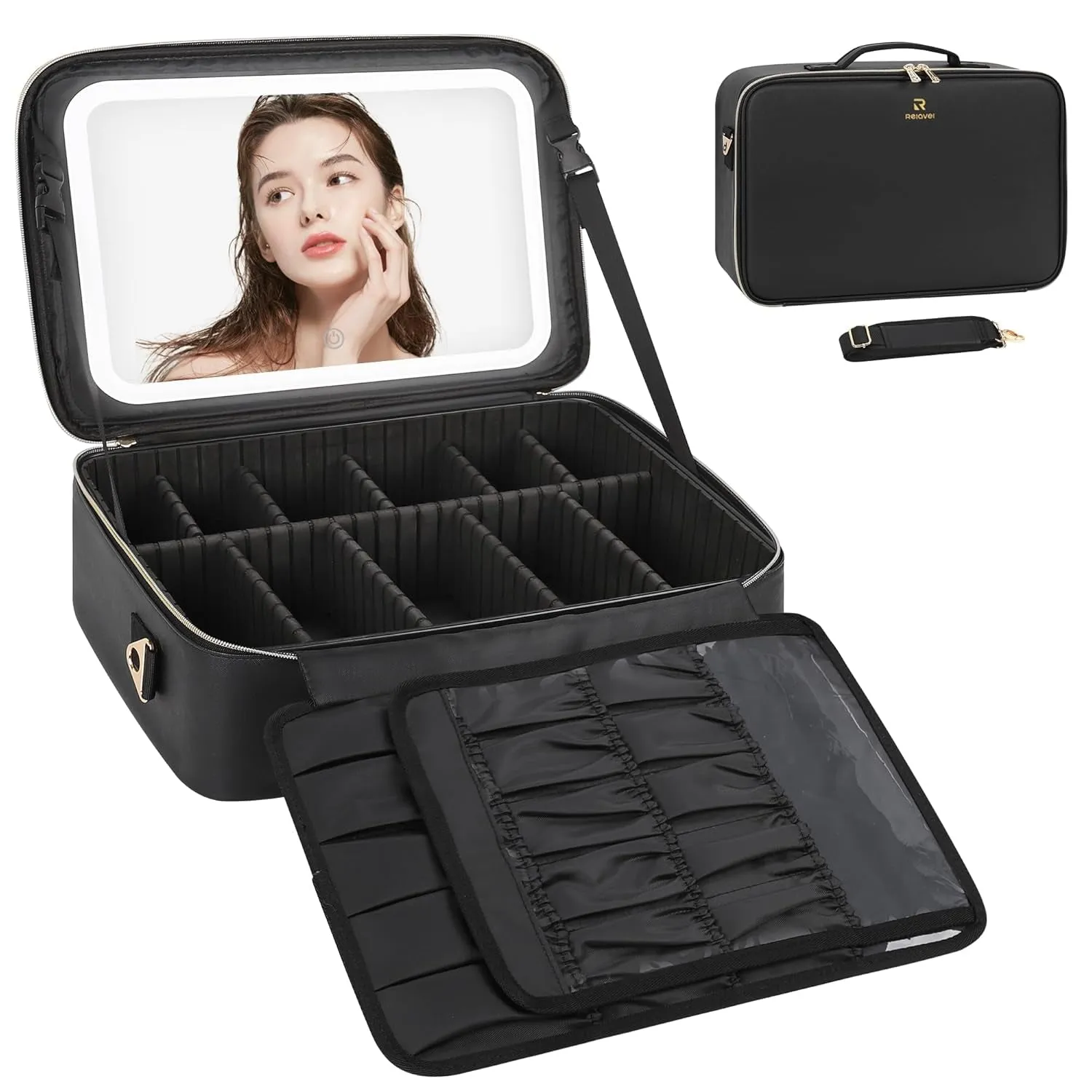 Travel Makeup Bag with LED Mirror, Cosmetic Train Case with Light up Mirror, Portable Makeup Artist Organizer Bag with Adjustable Dividers, Makeup Brush Holder Storage, Black