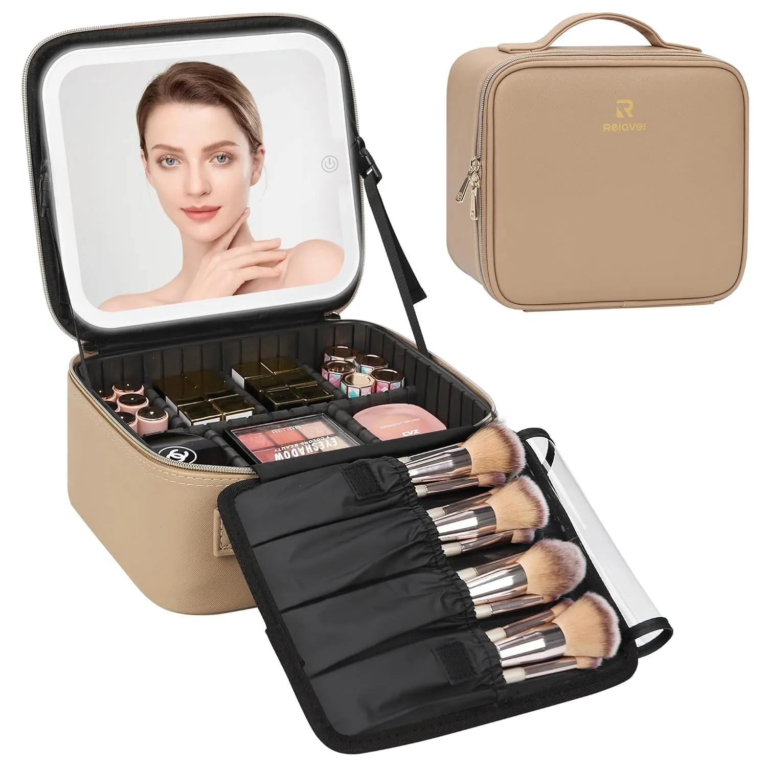Travel Makeup Bag with LED Mirror, Cosmetic Train Case with Light up Mirror, Portable Makeup Artist Organizer Bag with Adjustable Dividers, Makeup Brush Holder Storage, Black