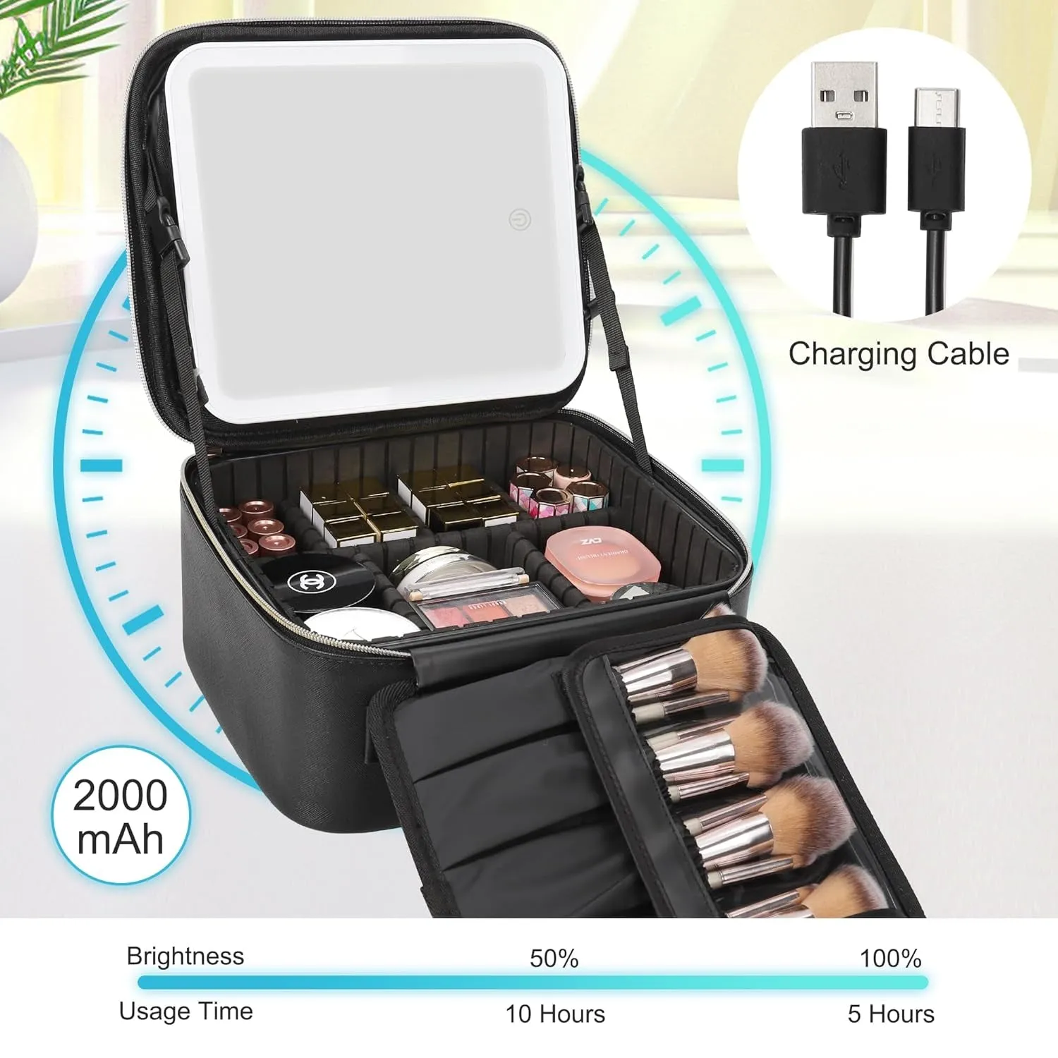 Travel Makeup Bag with LED Mirror, Cosmetic Train Case with Light up Mirror, Portable Makeup Artist Organizer Bag with Adjustable Dividers, Makeup Brush Holder Storage, Black