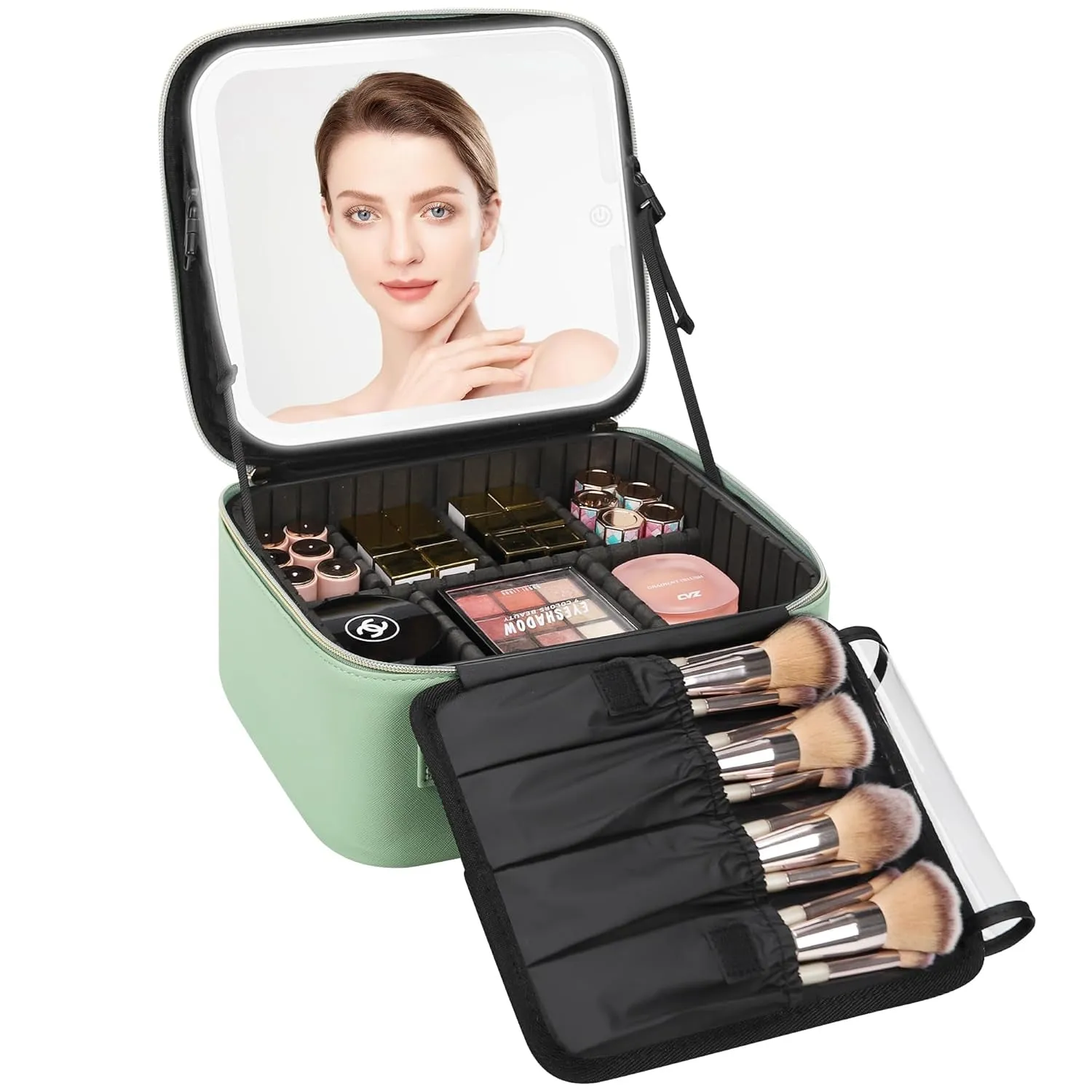 Travel Makeup Bag with LED Mirror, Cosmetic Train Case with Light up Mirror, Portable Makeup Artist Organizer Bag with Adjustable Dividers, Makeup Brush Holder Storage, Black