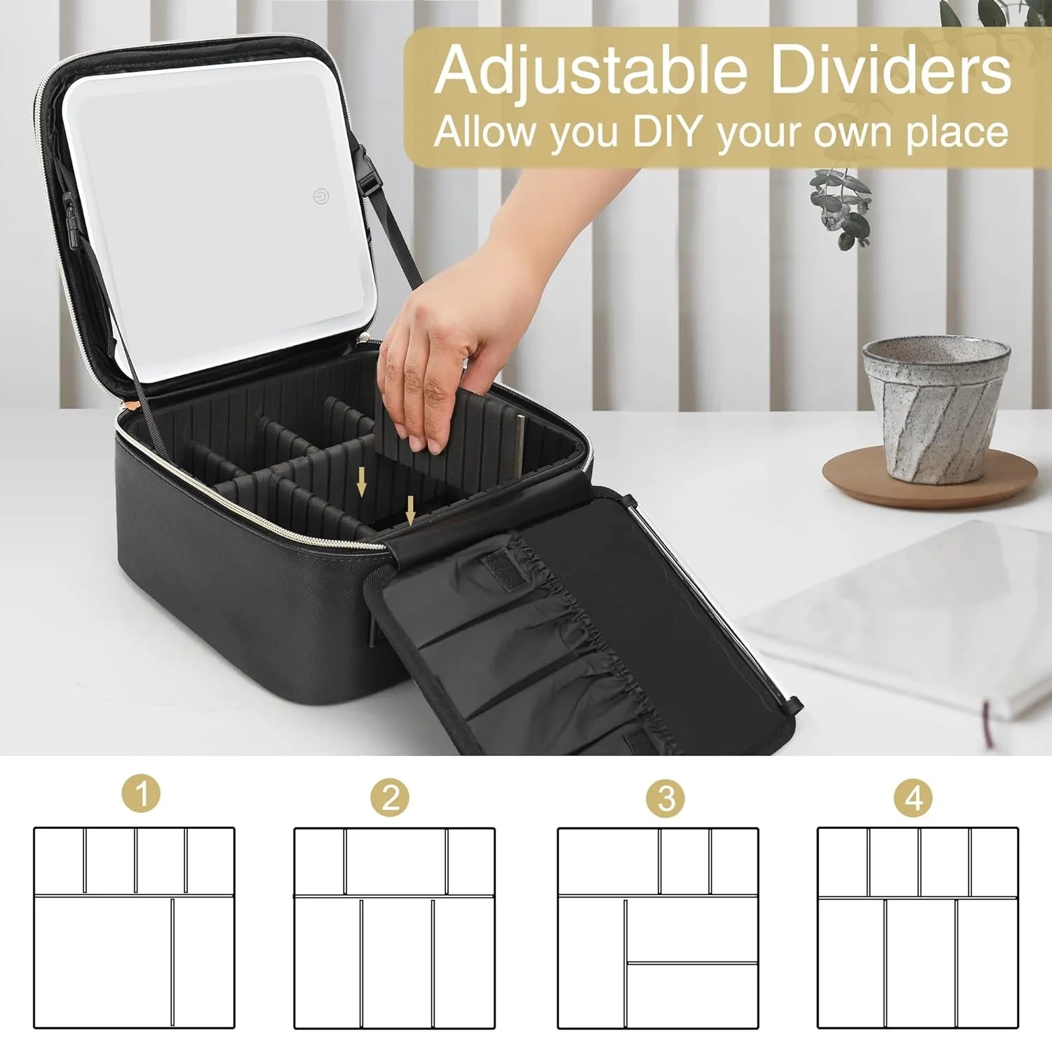 Travel Makeup Bag with LED Mirror, Cosmetic Train Case with Light up Mirror, Portable Makeup Artist Organizer Bag with Adjustable Dividers, Makeup Brush Holder Storage, Black
