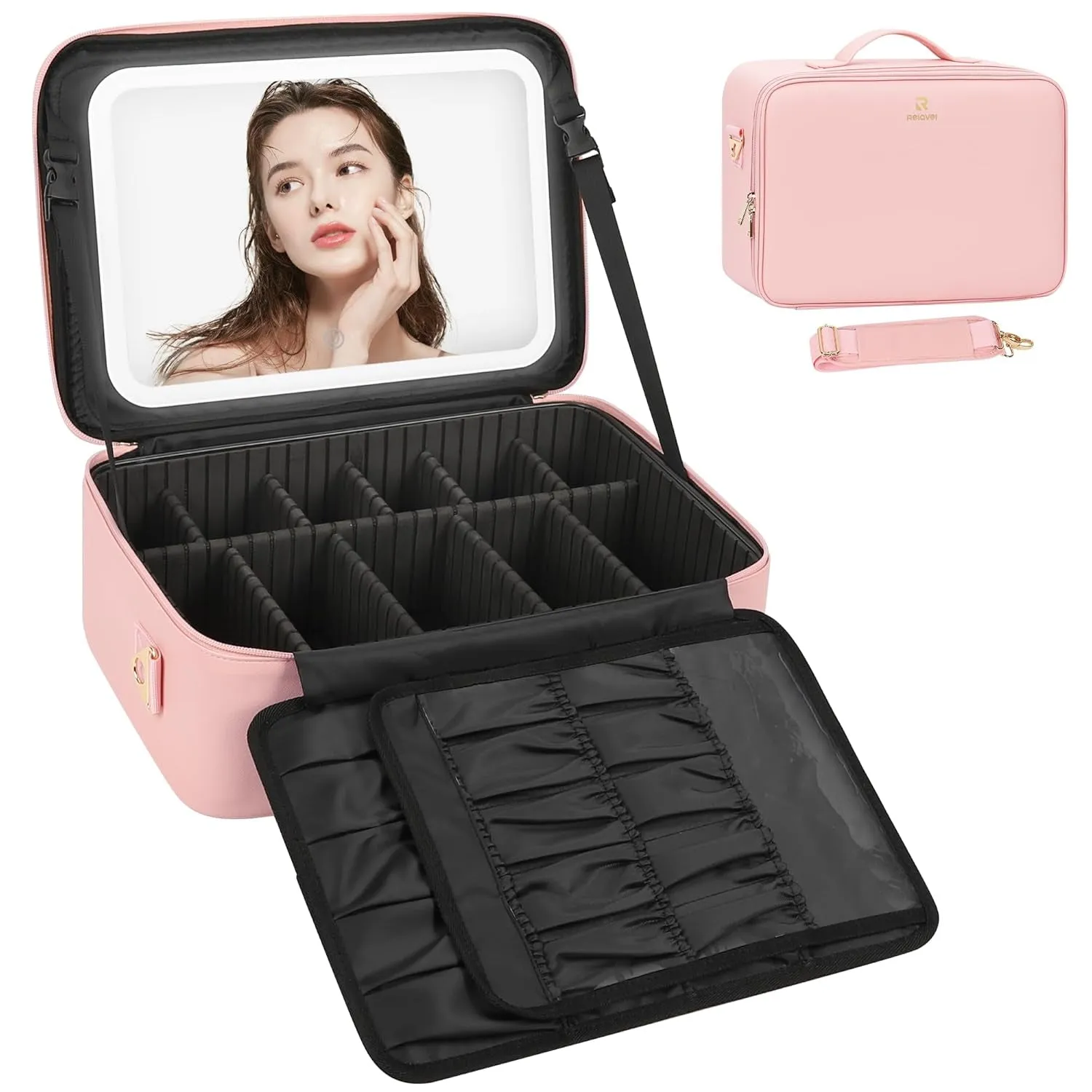 Travel Makeup Bag with LED Mirror, Cosmetic Train Case with Light up Mirror, Portable Makeup Artist Organizer Bag with Adjustable Dividers, Makeup Brush Holder Storage, Black
