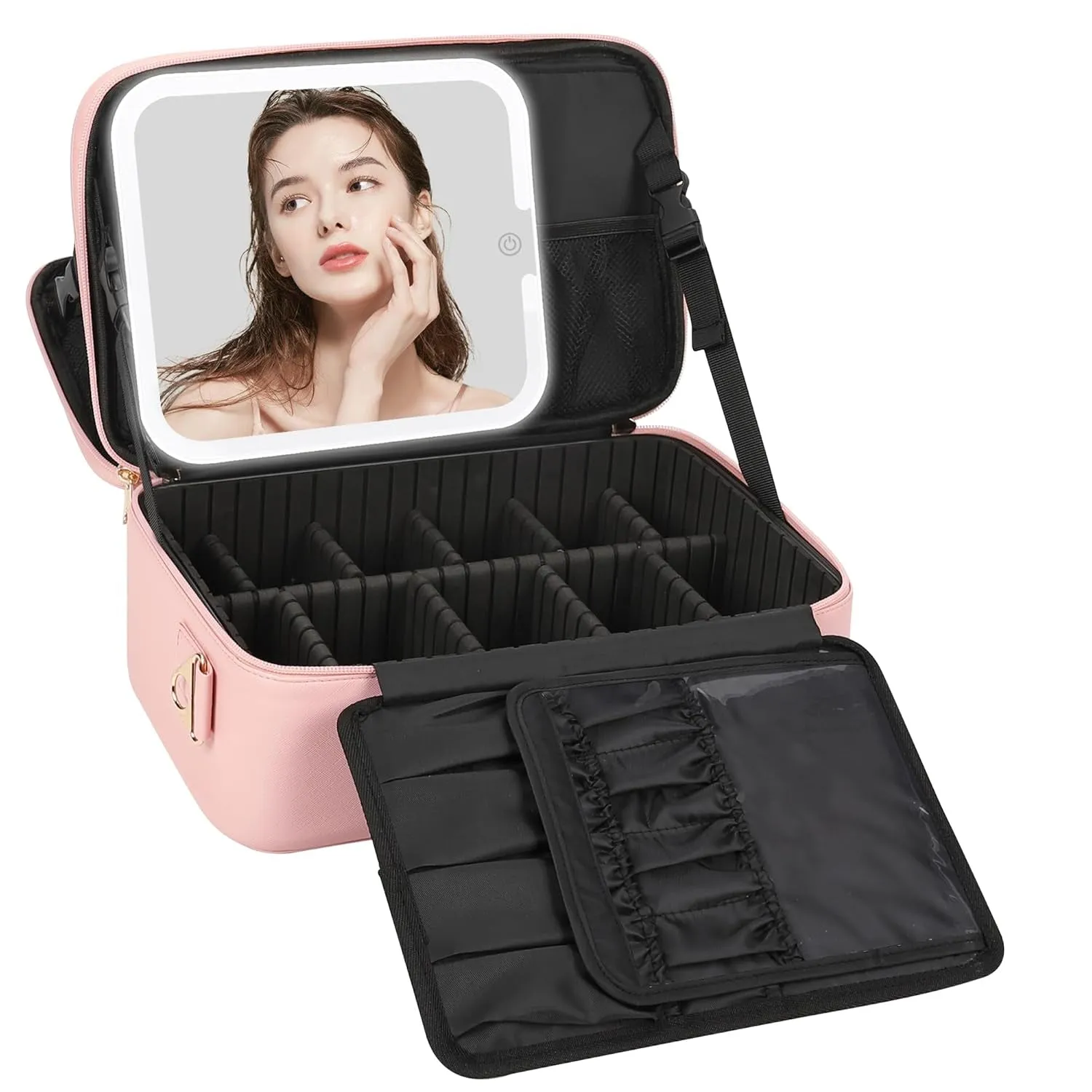 Travel Makeup Bag with LED Mirror, Cosmetic Train Case with Light up Mirror, Portable Makeup Artist Organizer Bag with Adjustable Dividers, Makeup Brush Holder Storage, Black