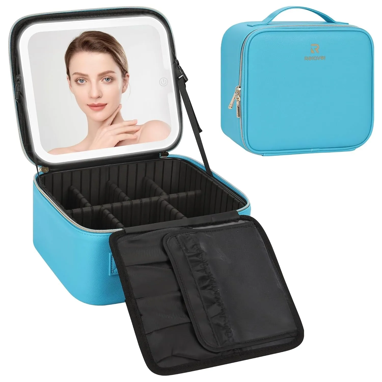 Travel Makeup Bag with LED Mirror, Cosmetic Train Case with Light up Mirror, Portable Makeup Artist Organizer Bag with Adjustable Dividers, Makeup Brush Holder Storage, Black