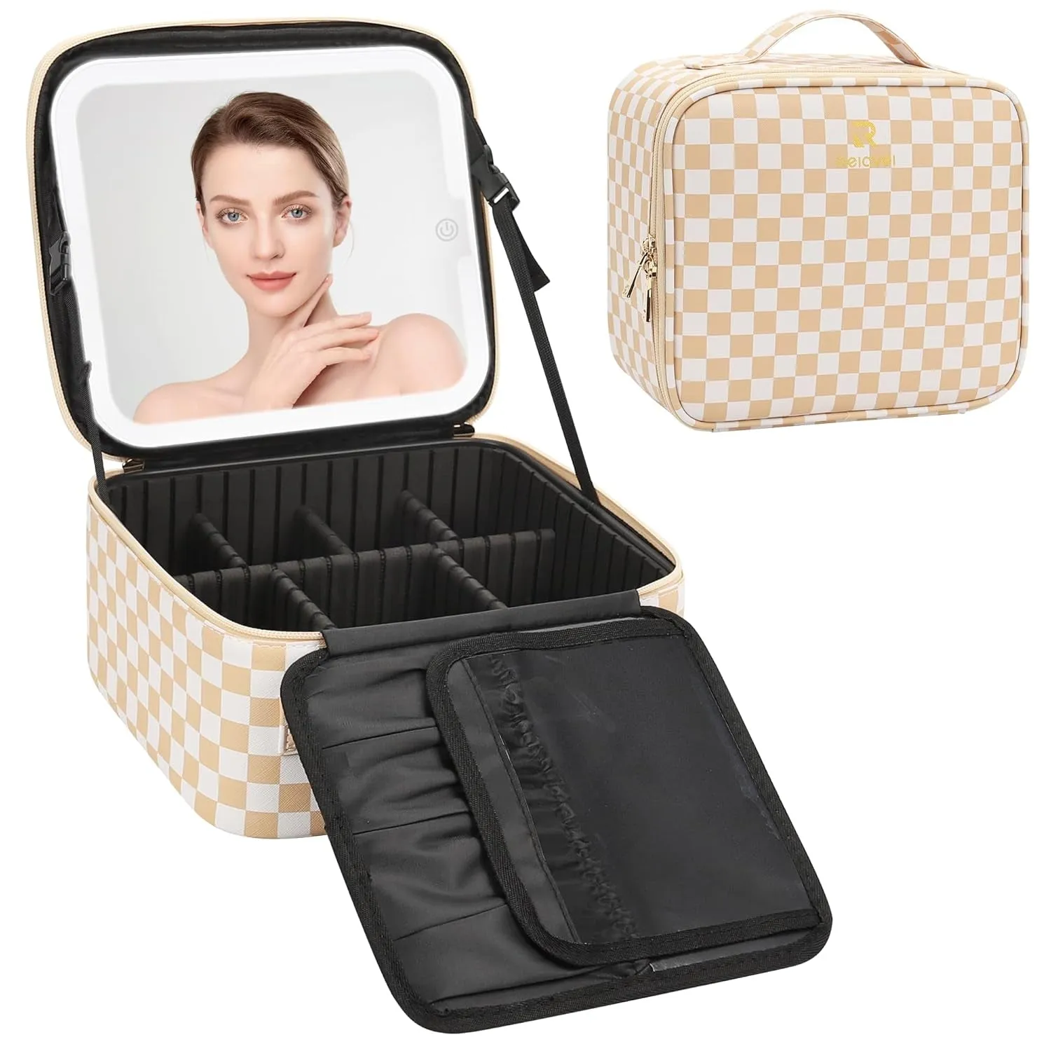 Travel Makeup Bag with LED Mirror, Cosmetic Train Case with Light up Mirror, Portable Makeup Artist Organizer Bag with Adjustable Dividers, Makeup Brush Holder Storage, Black