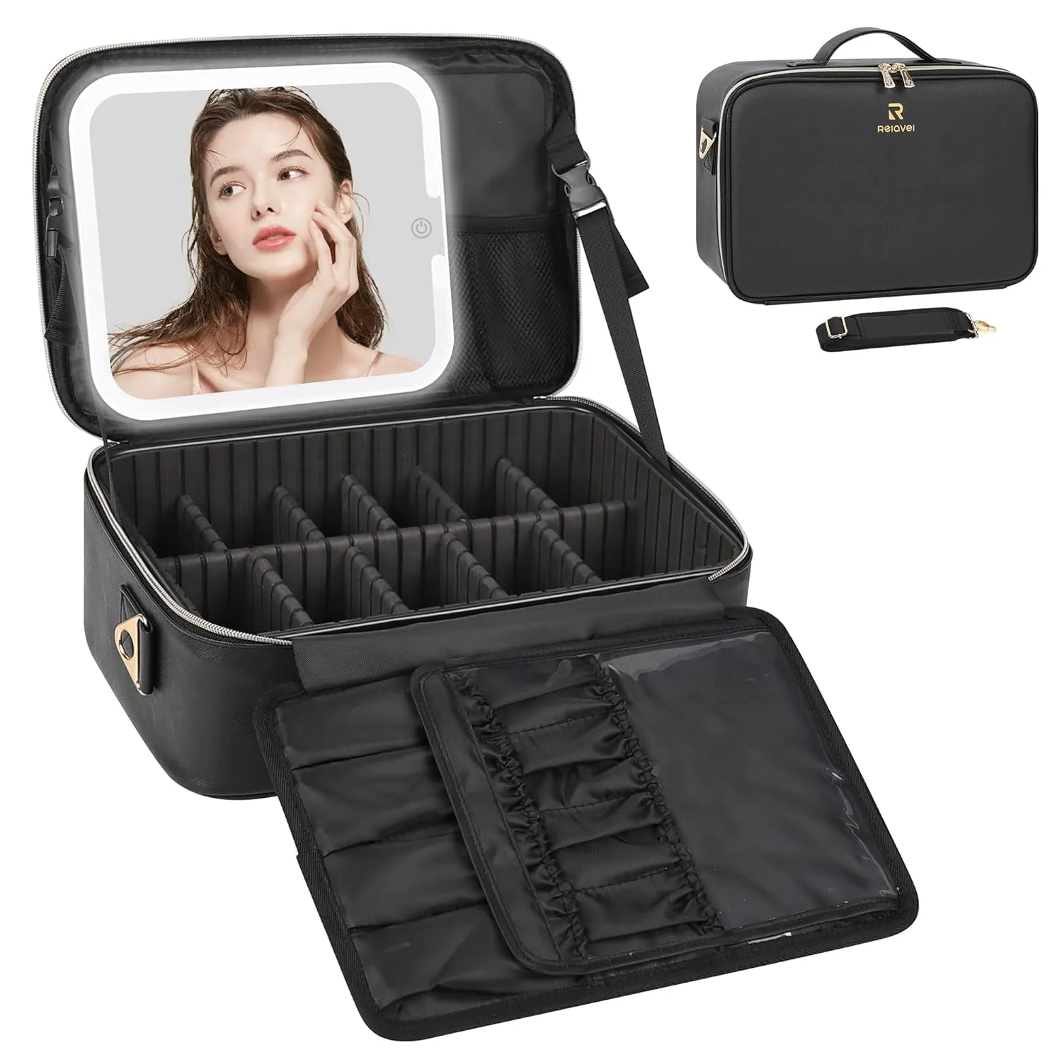 Travel Makeup Bag with LED Mirror, Cosmetic Train Case with Light up Mirror, Portable Makeup Artist Organizer Bag with Adjustable Dividers, Makeup Brush Holder Storage, Black